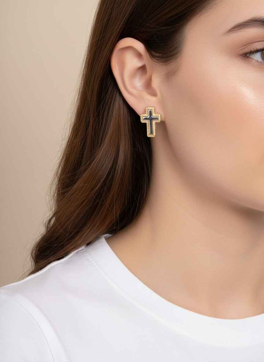 Two-Tone Polished Rope Cross Clip-on Earrings - Gold Rhodium