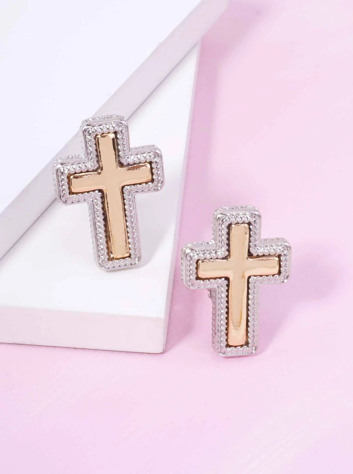 Two-Tone Polished Rope Cross Clip-on Earrings - Rhodium Gold