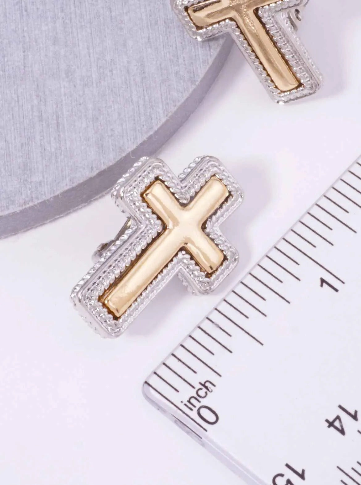 Two-Tone Polished Rope Cross Clip-on Earrings - Rhodium Gold