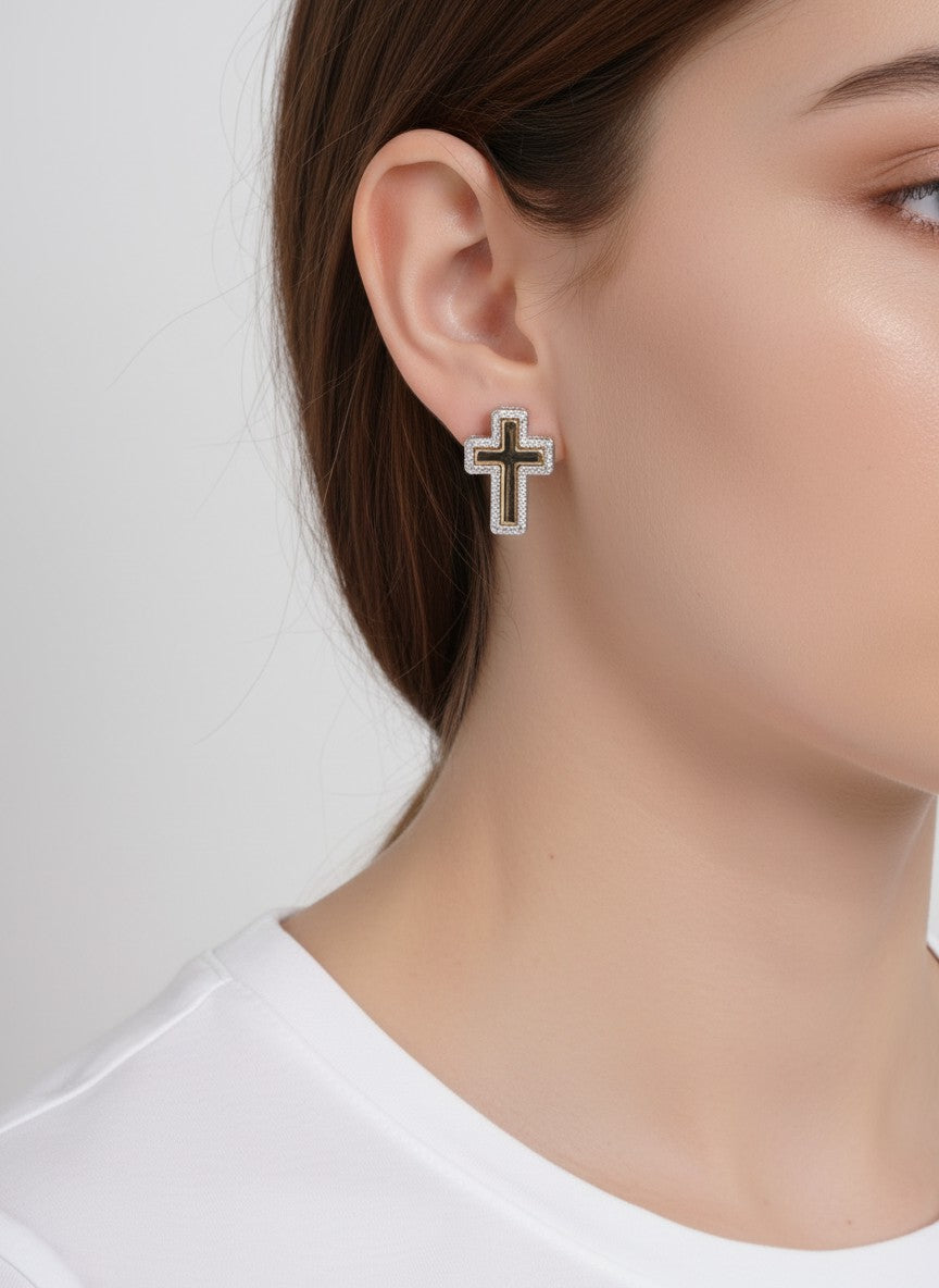 Two-Tone Polished Rope Cross Clip-on Earrings - Rhodium Gold