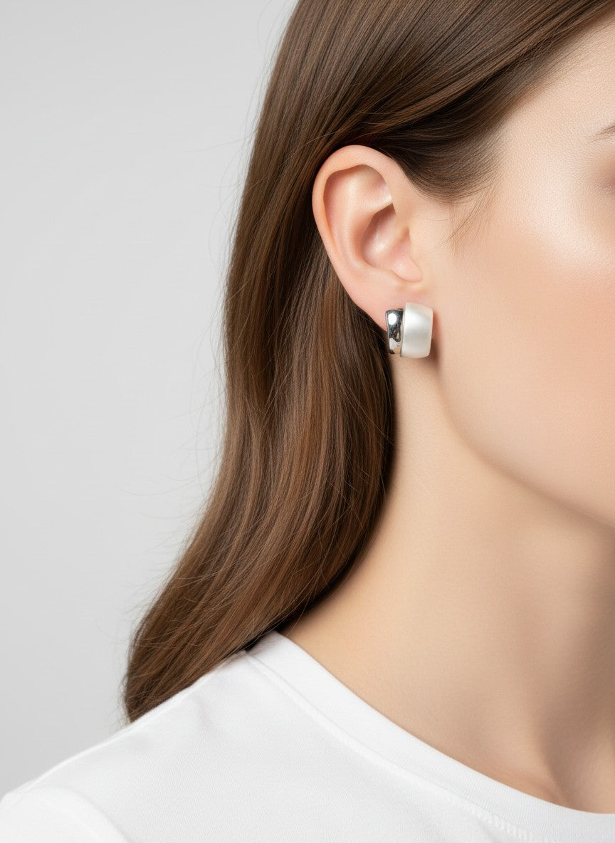 Matte Polished Double Rectangle Post Back Earrings - Rhodium Matte Silver