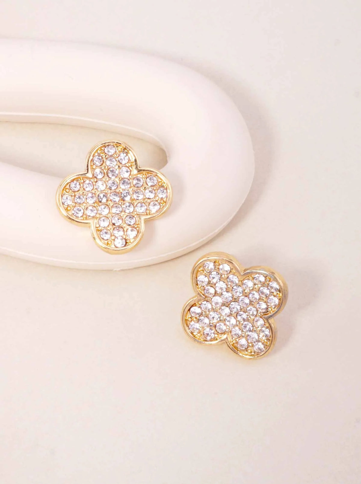 Polished Pave Quatrefoil Stud Earrings - Gold Clear