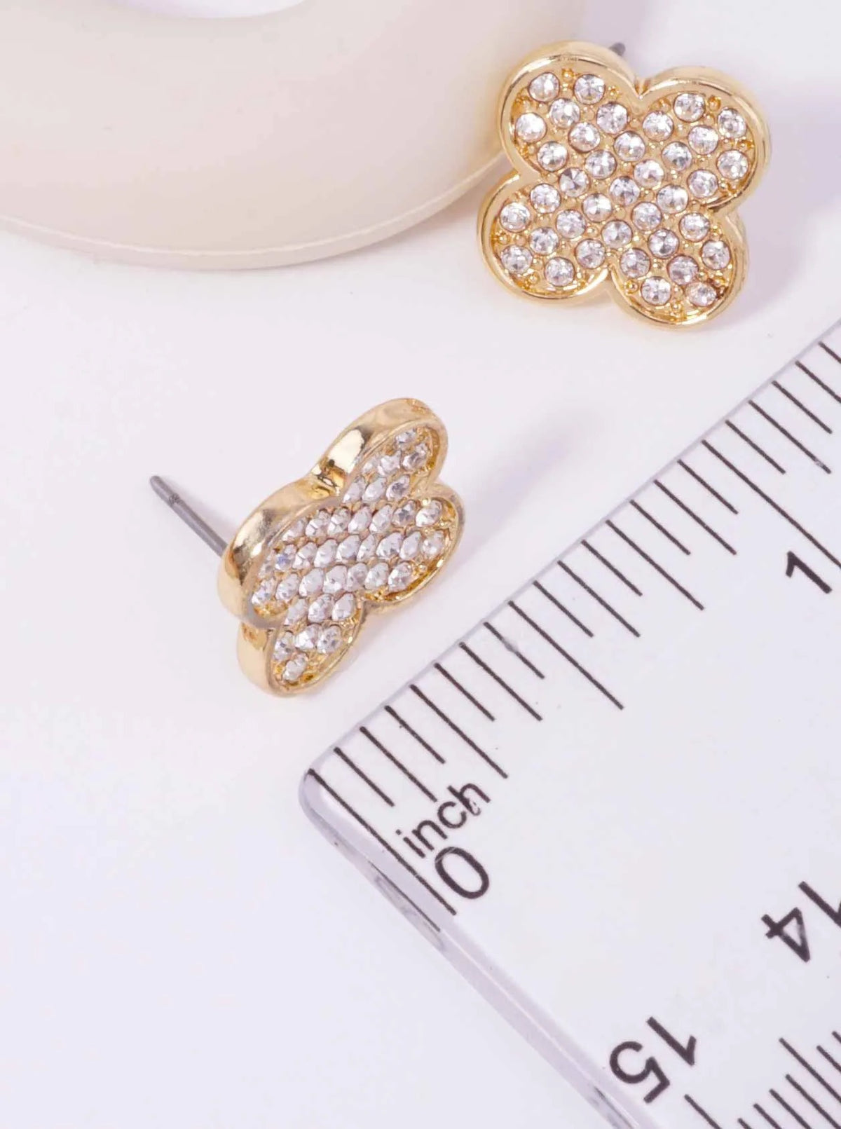 Polished Pave Quatrefoil Stud Earrings - Gold Clear