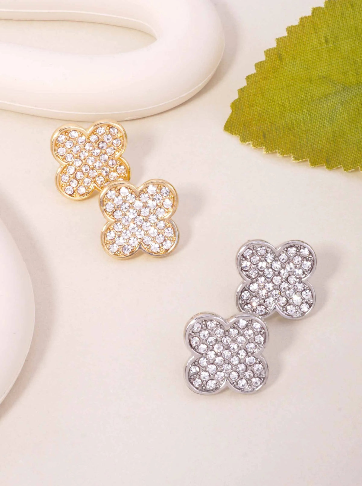 Polished Pave Quatrefoil Stud Earrings - Gold Clear