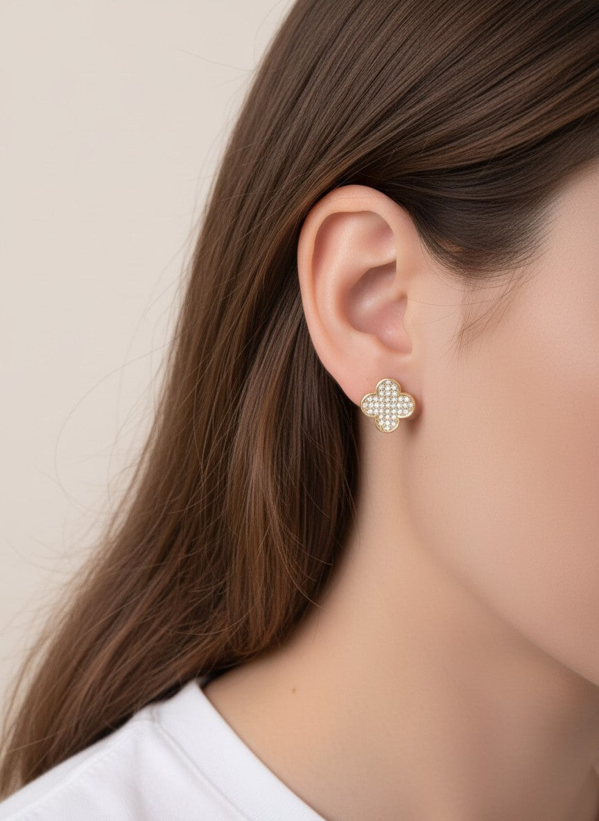 Polished Pave Quatrefoil Stud Earrings - Gold Clear