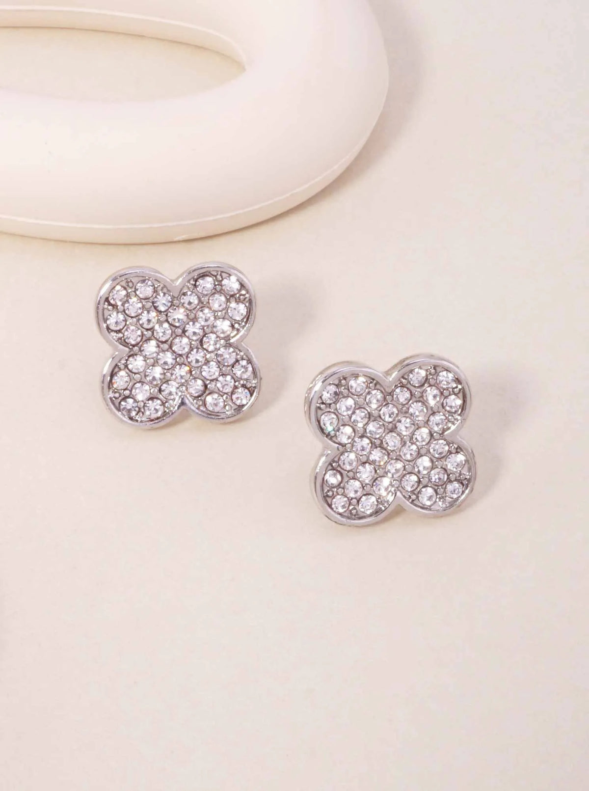 Polished Pave Quatrefoil Stud Earrings - Rhodium clear