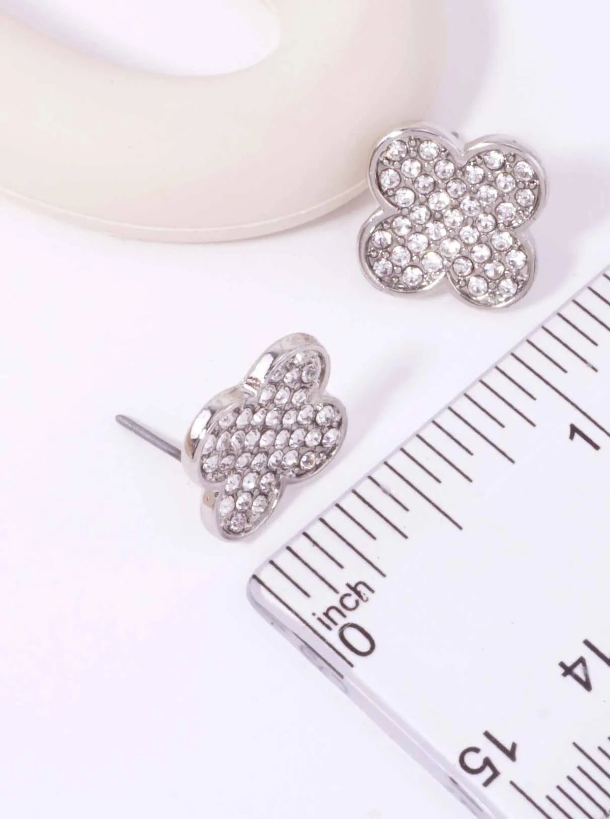 Polished Pave Quatrefoil Stud Earrings - Rhodium clear