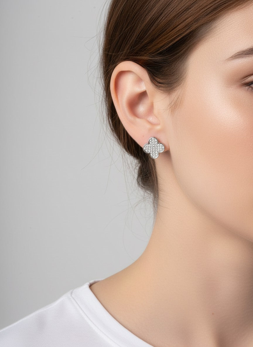Polished Pave Quatrefoil Stud Earrings - Rhodium clear