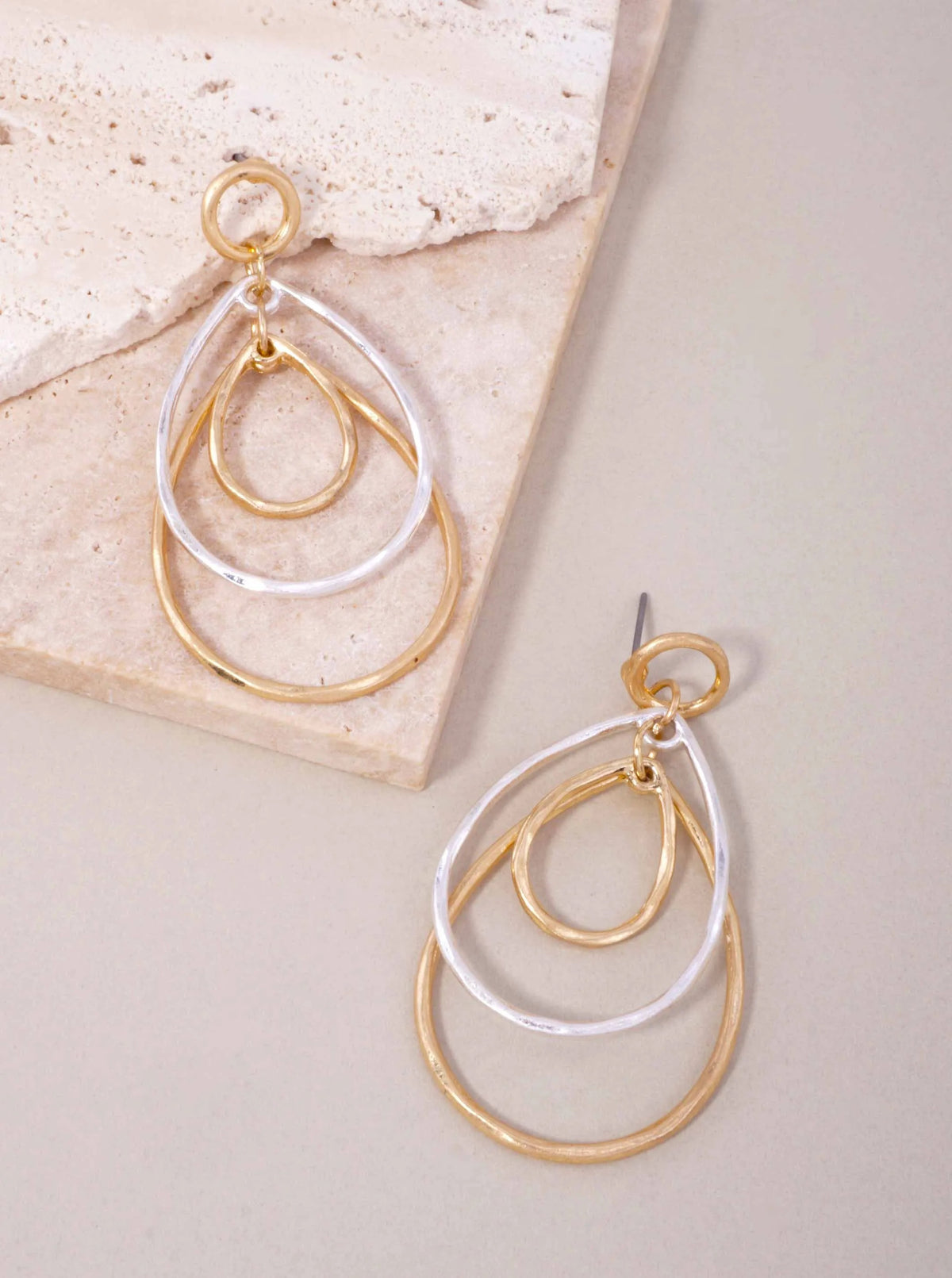 Matte Triple Layered Teardrop Post Back Earrings - Worn Gold Worn Silver