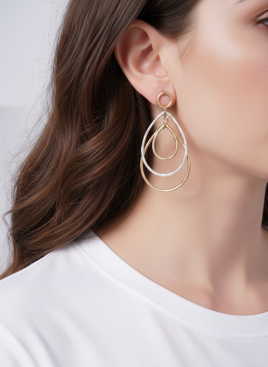 Matte Triple Layered Teardrop Post Back Earrings - Worn Gold Worn Silver