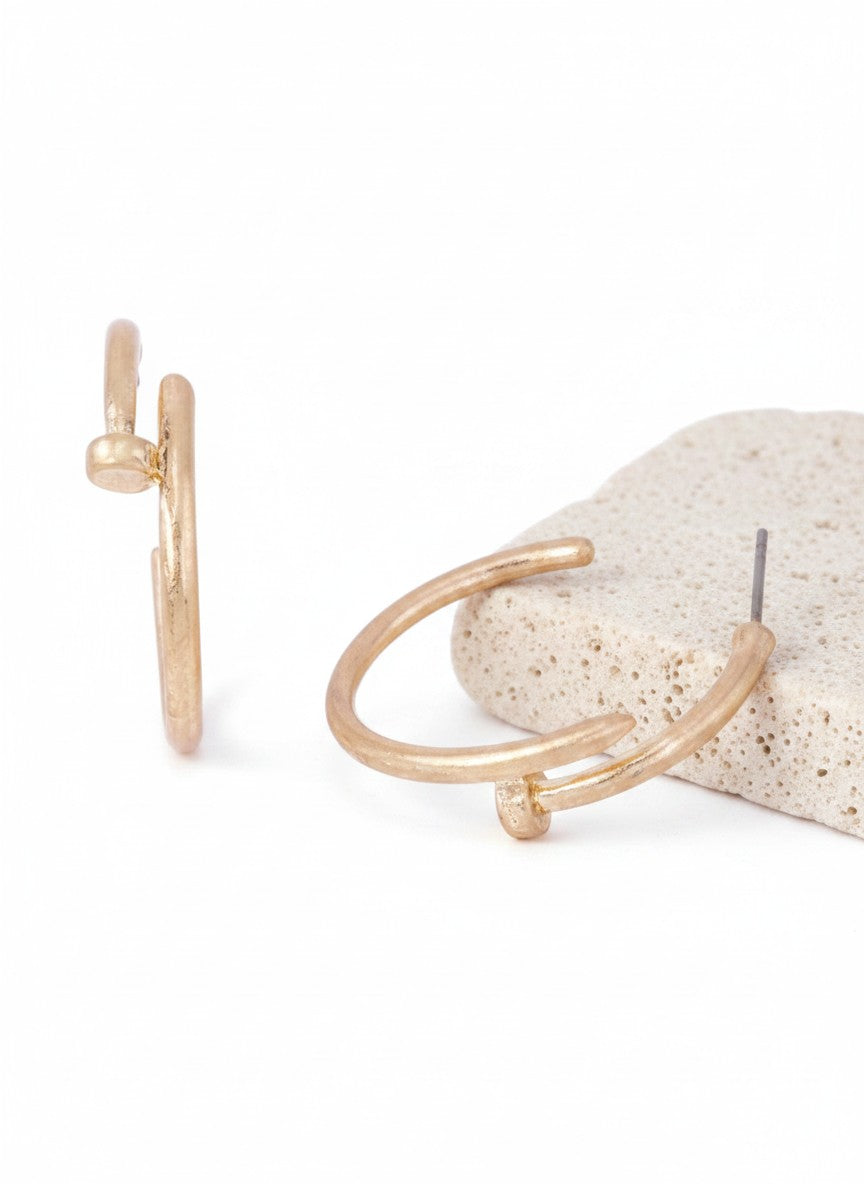 25mm Matte Nail Hoop Post Back Earrings - Worn Gold