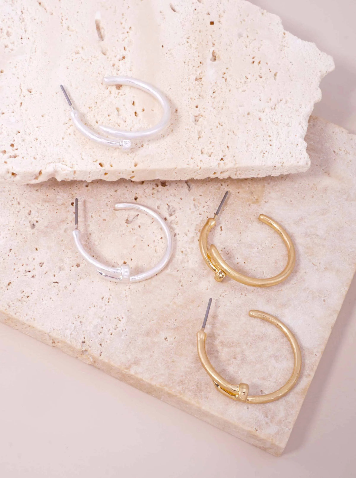 25mm Matte Nail Hoop Post Back Earrings - Worn Gold