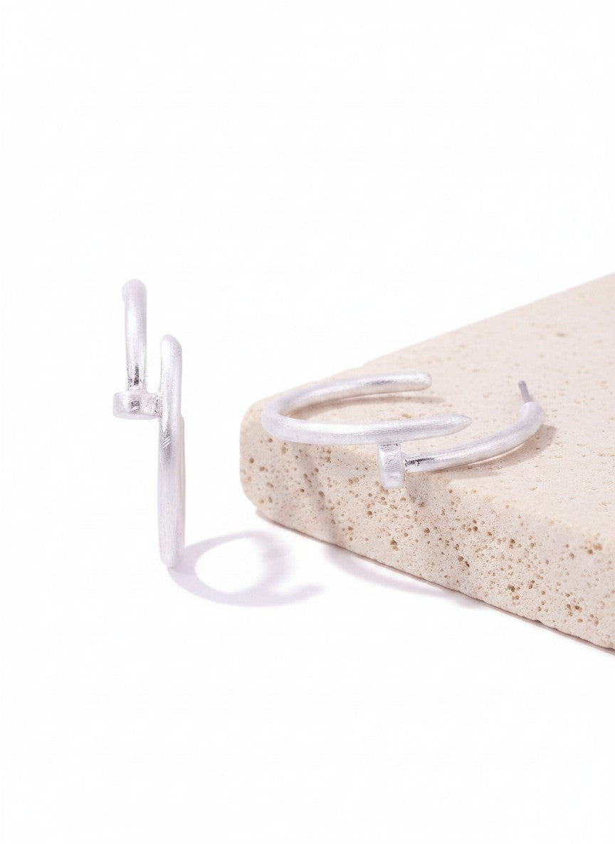 25mm Matte Nail Hoop Post Back Earrings - Worn Silver