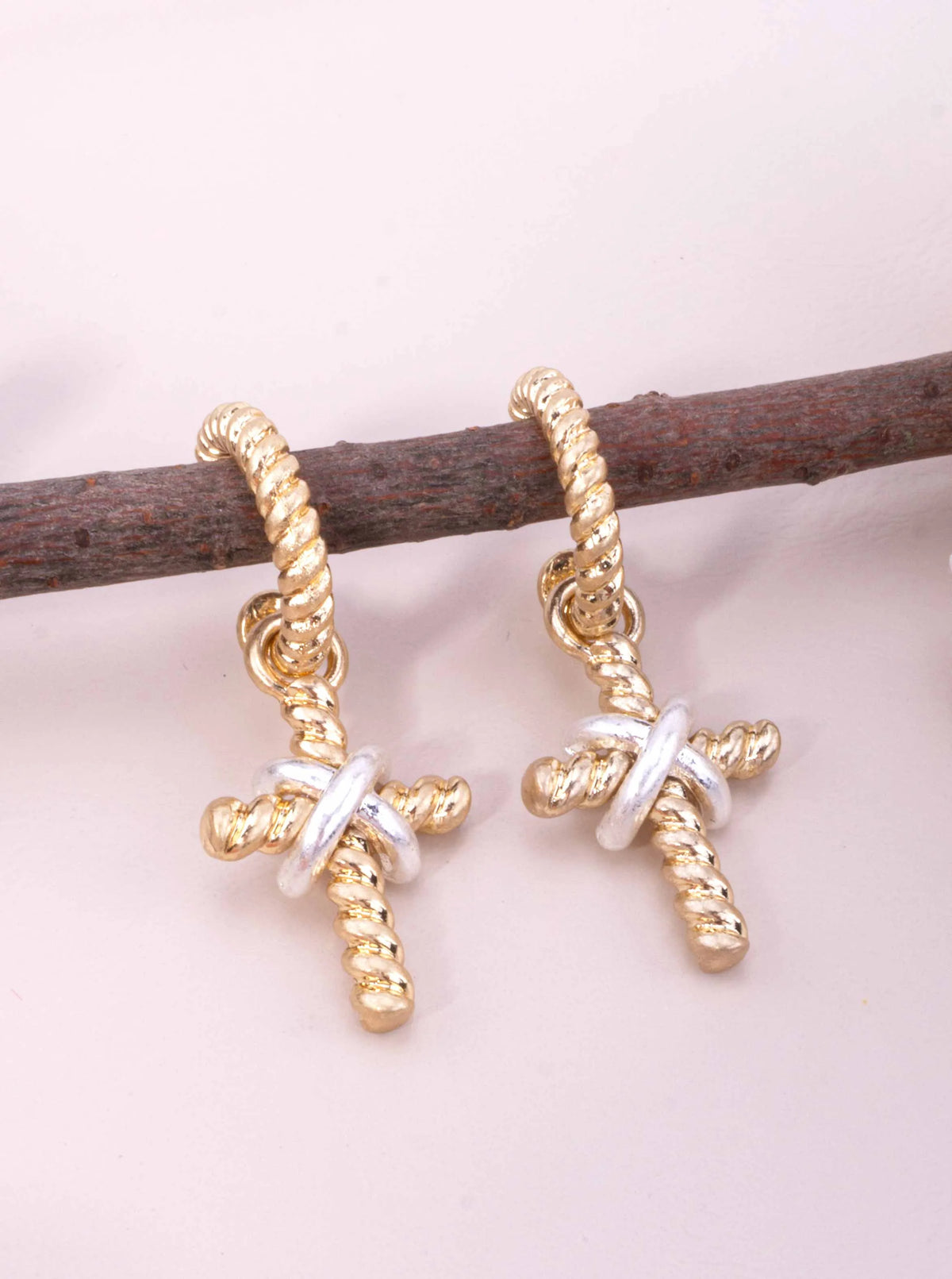 Rope Textured Cross Charm Hoop Earrings