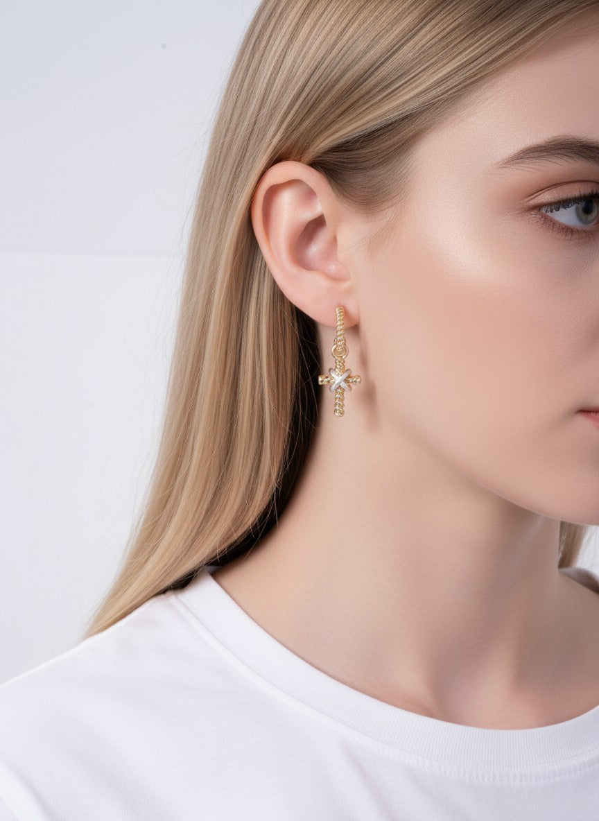 Rope Textured Cross Charm Hoop Earrings