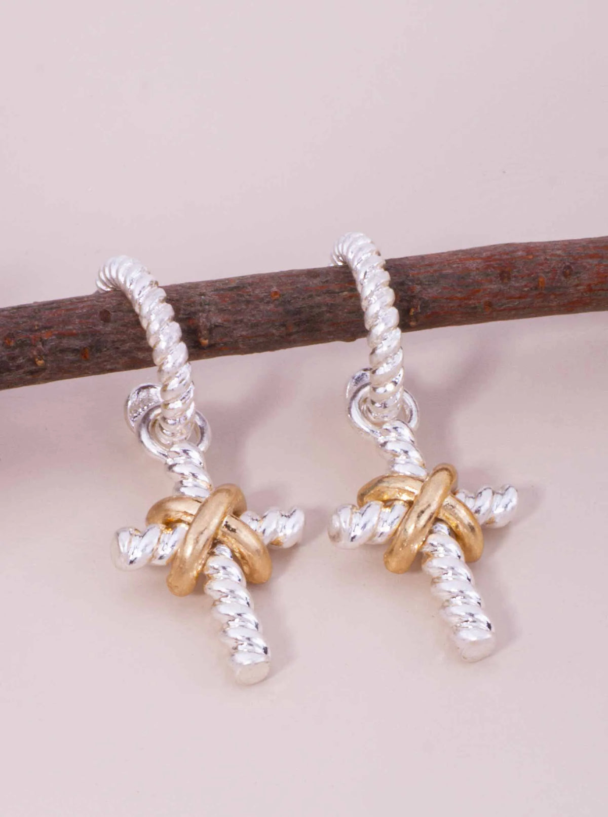 Rope Textured Cross Charm Hoop Earrings