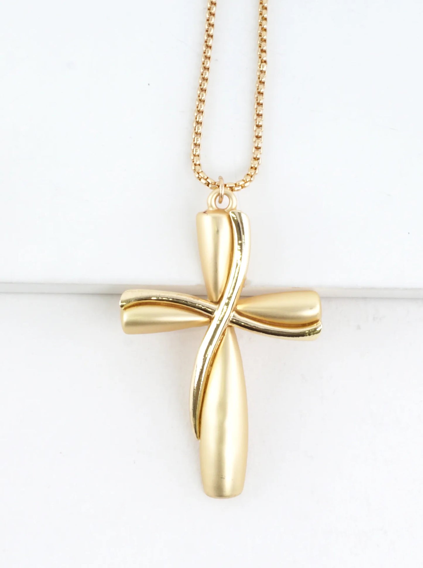 Twisted Ribbon 2 Tone Cross Pendant Long Necklace