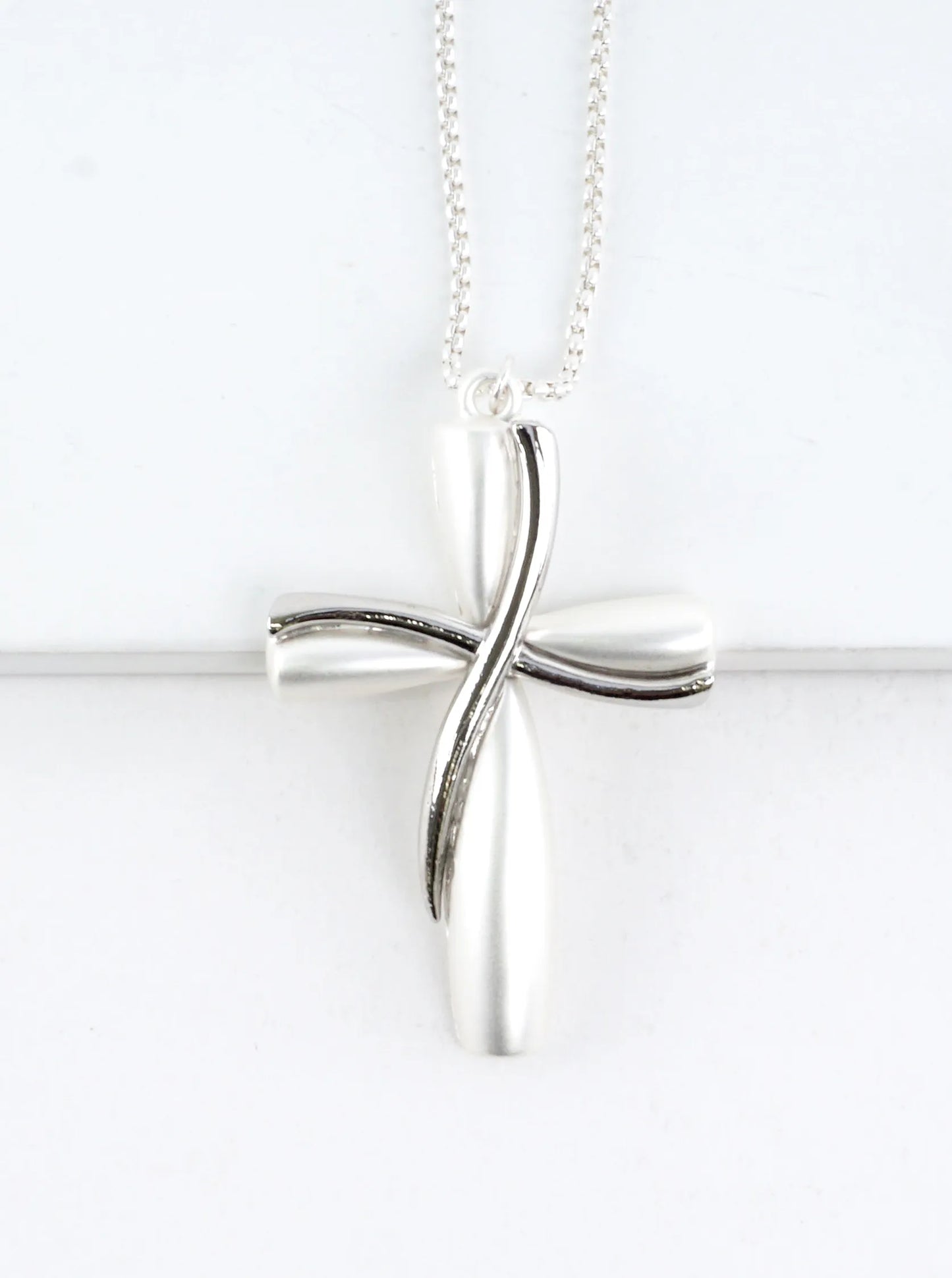 Twisted Ribbon 2 Tone Cross Pendant Long Necklace