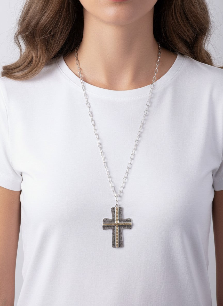 Elegant Cross Hammered Pendant Necklace