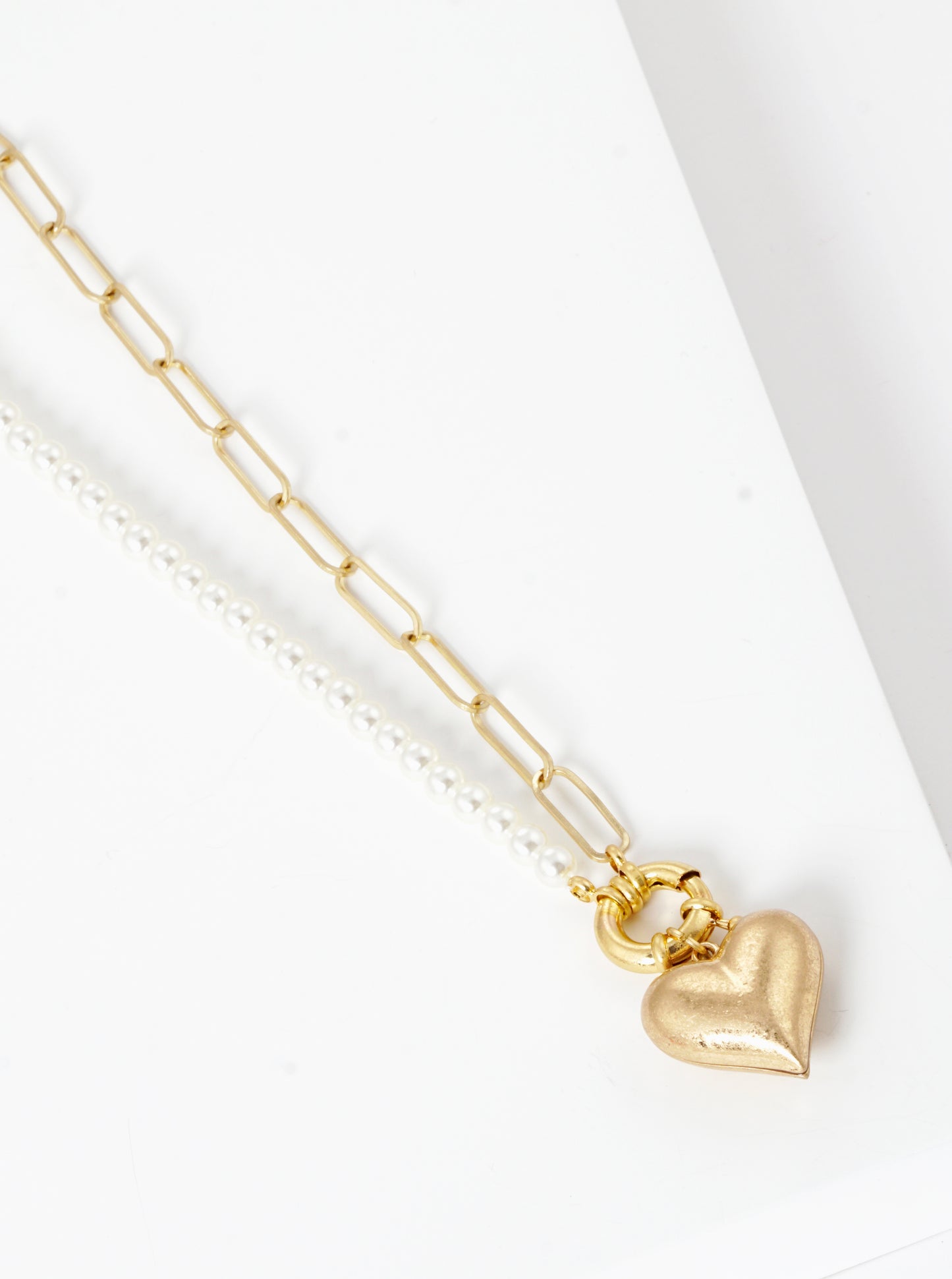 Half Chain Half Pearl Beaded Puffy Peart Pendant Toggle Closure Necklace