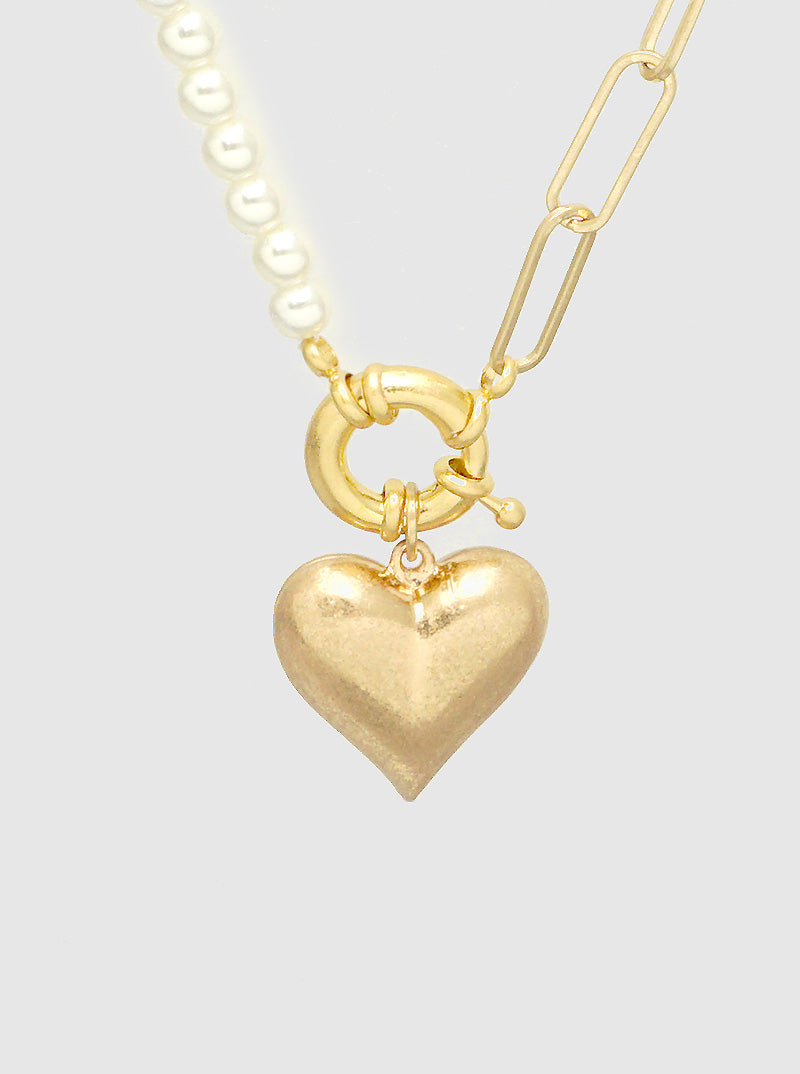 Half Chain Half Pearl Beaded Puffy Peart Pendant Toggle Closure Necklace