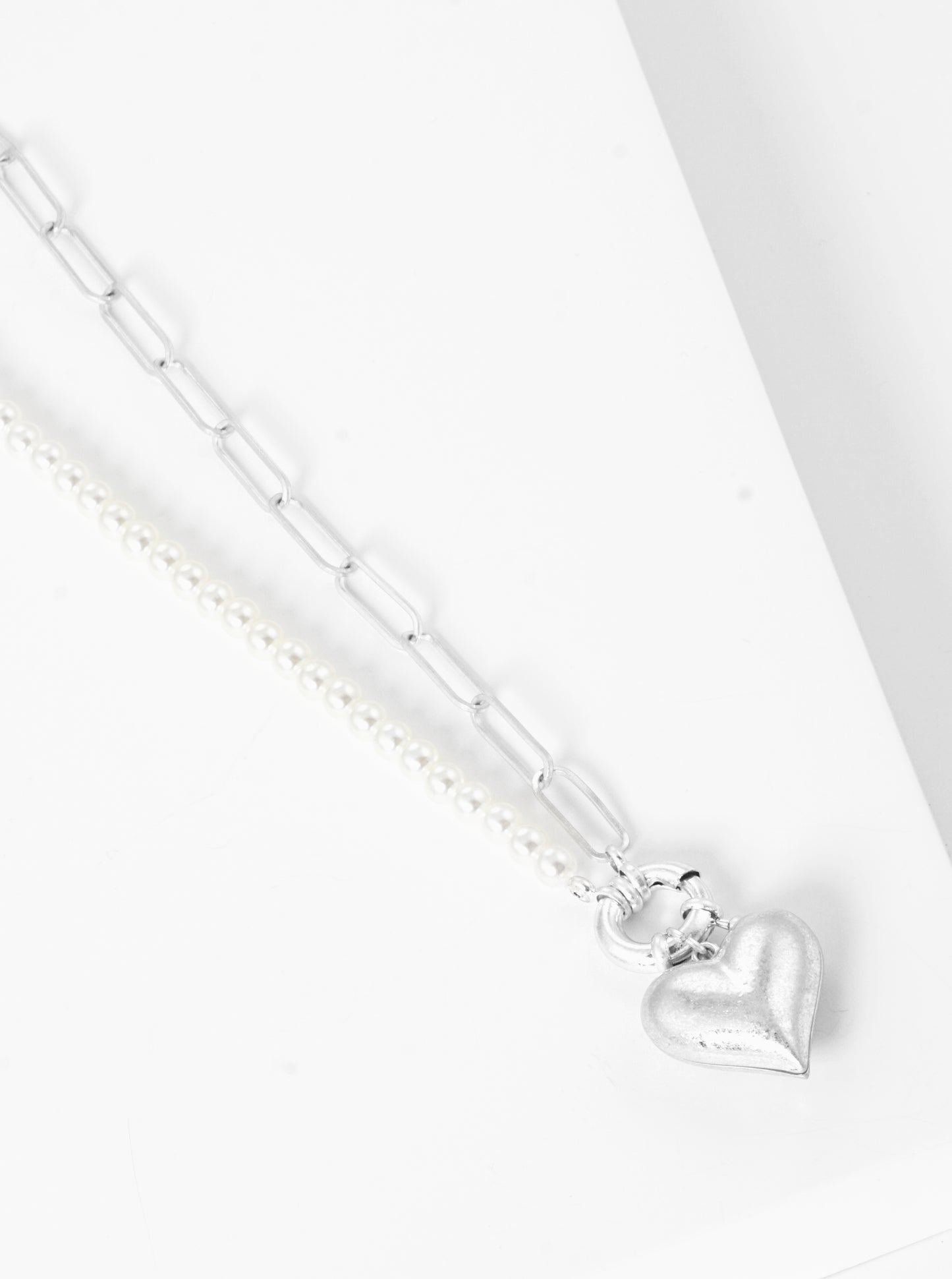 Half Chain Half Pearl Beaded Puffy Peart Pendant Toggle Closure Necklace