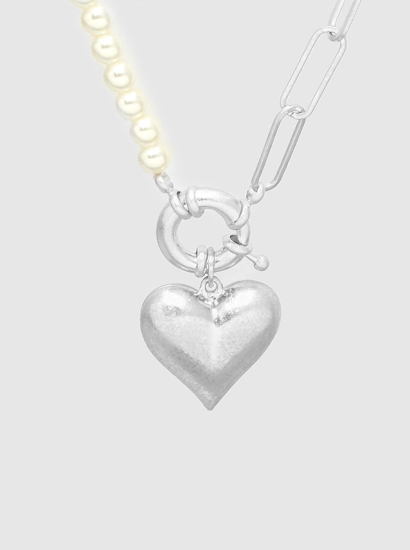 Half Chain Half Pearl Beaded Puffy Peart Pendant Toggle Closure Necklace