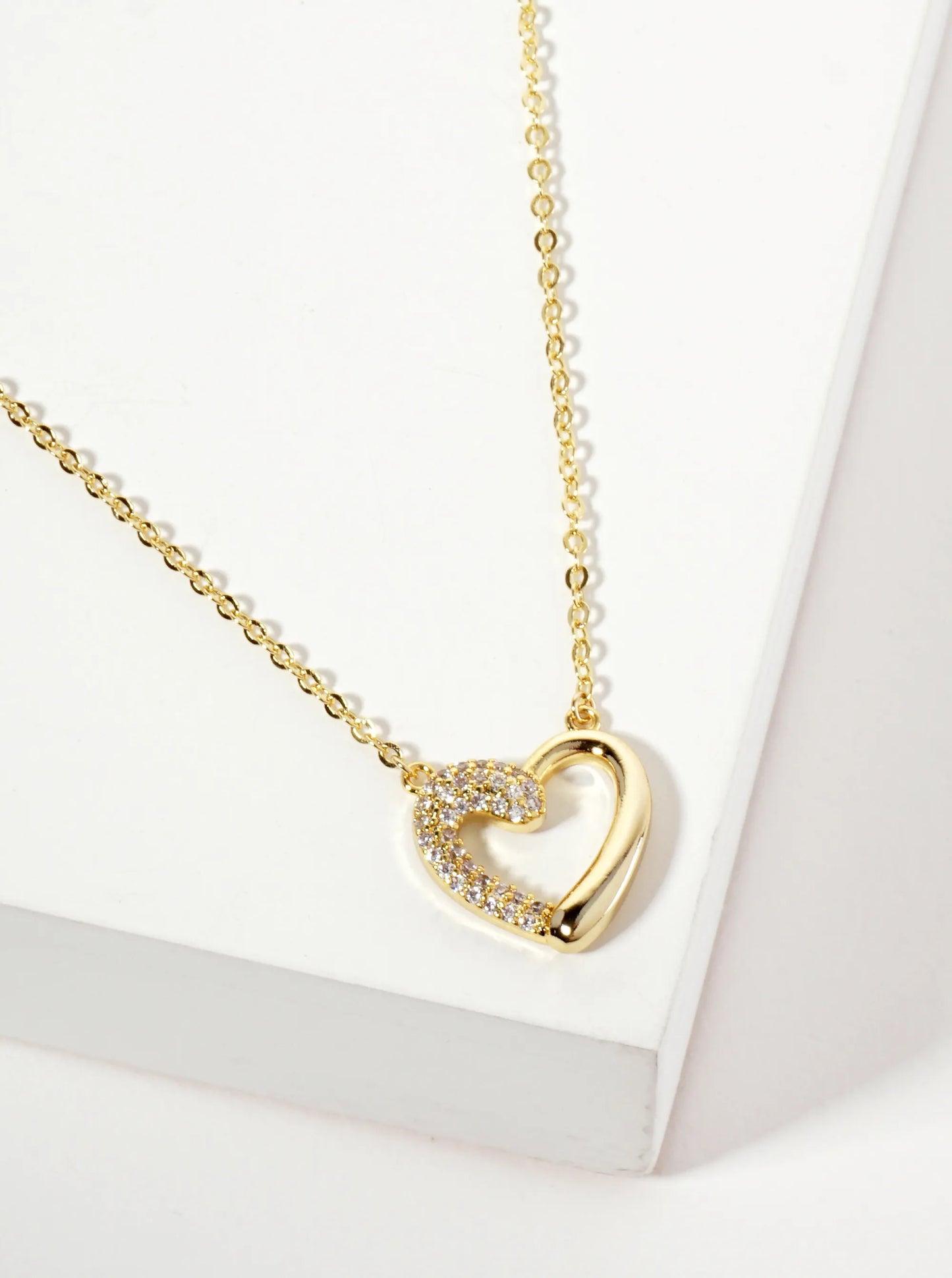 Half Pave-Set Cubic-Zirconia Heart Pendant 18K-Gold-Dipped Brass Necklace