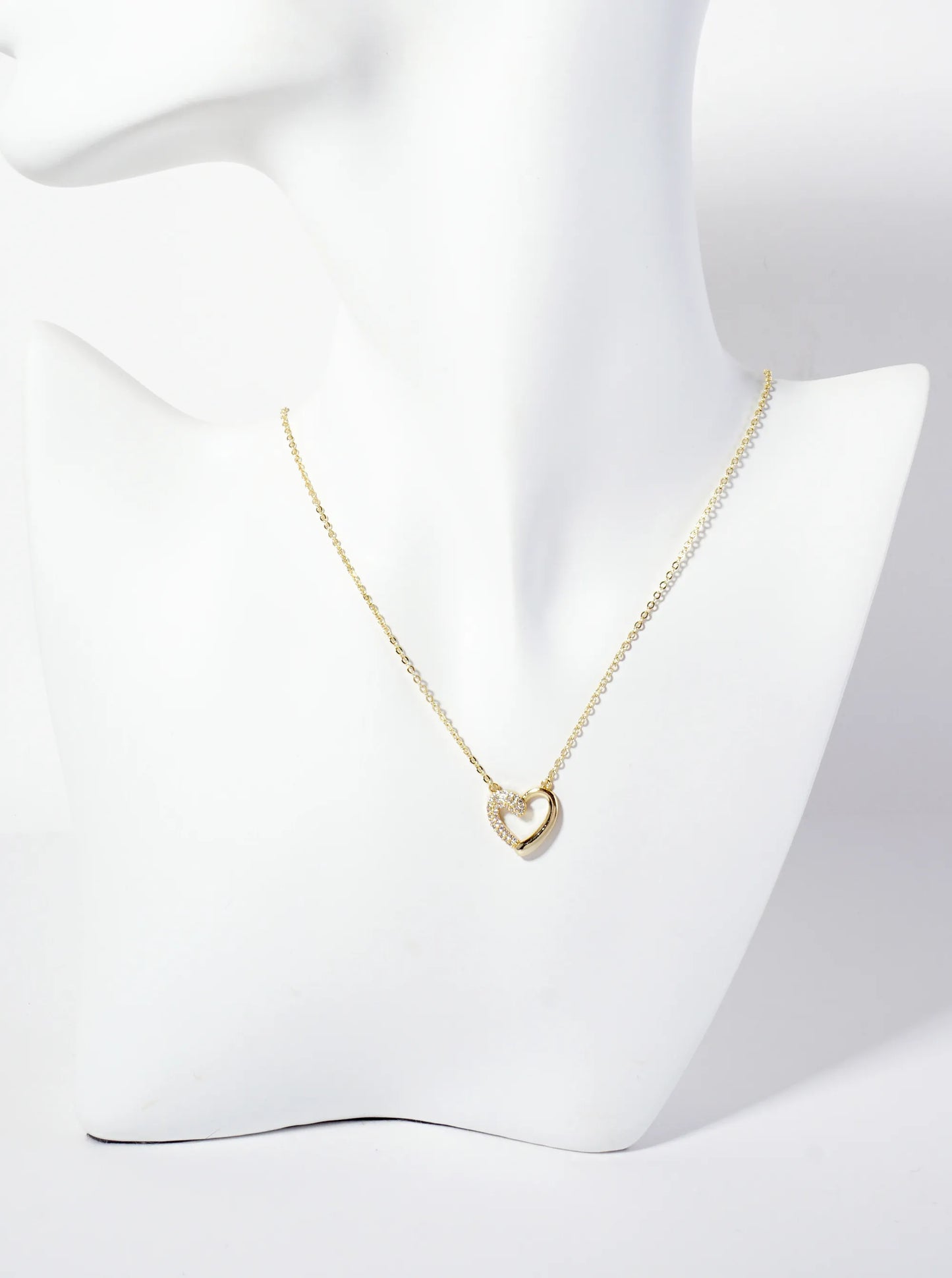 Half Pave-Set Cubic-Zirconia Heart Pendant 18K-Gold-Dipped Brass Necklace