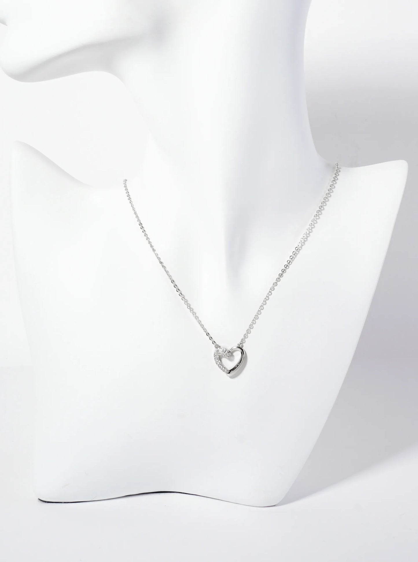 Half Pave-Set Cubic-Zirconia Heart Pendant 18K-Gold-Dipped Brass Necklace