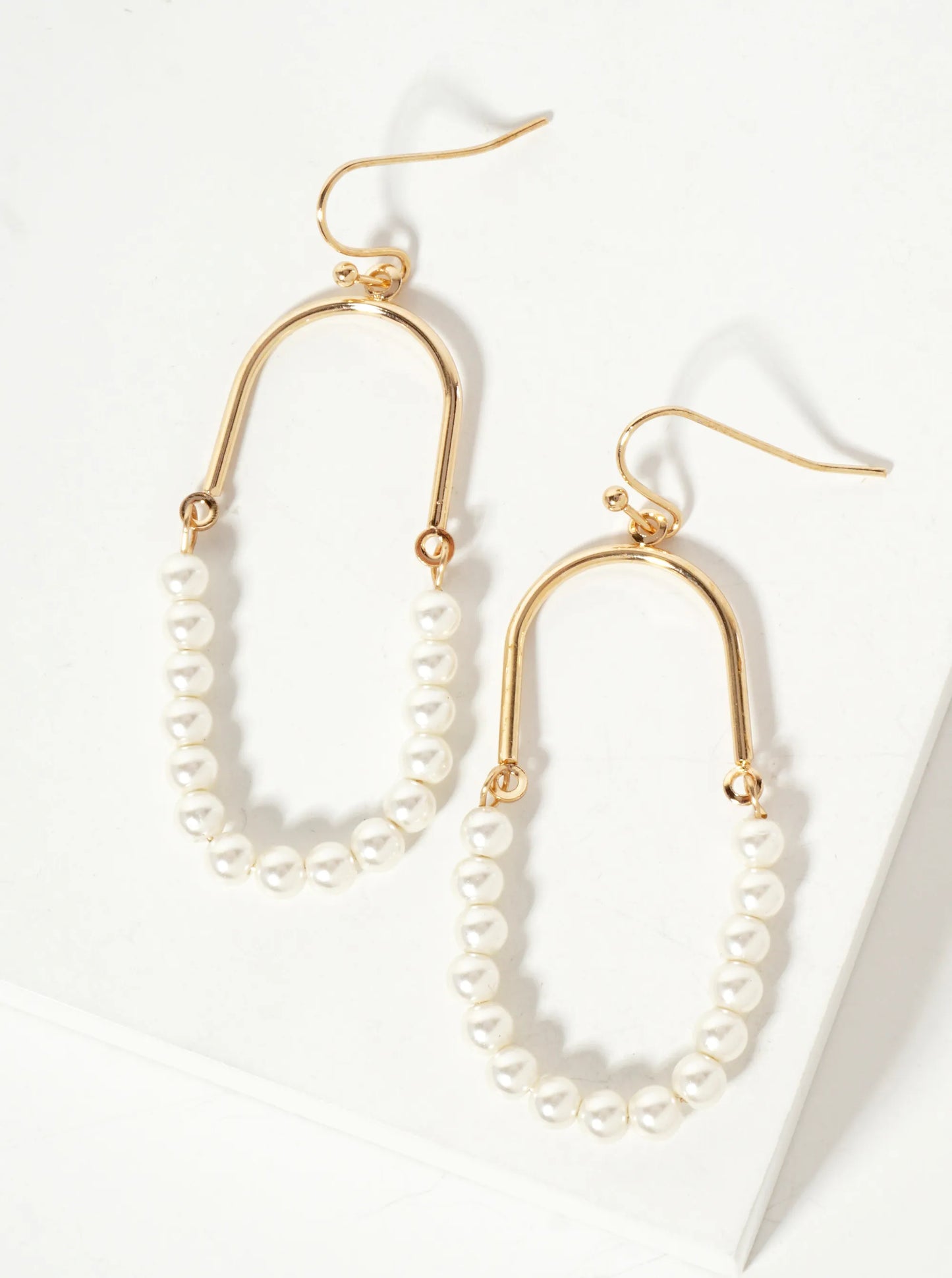 Half Pearl-Beaded Stadium-Shaped Dangle Earrings