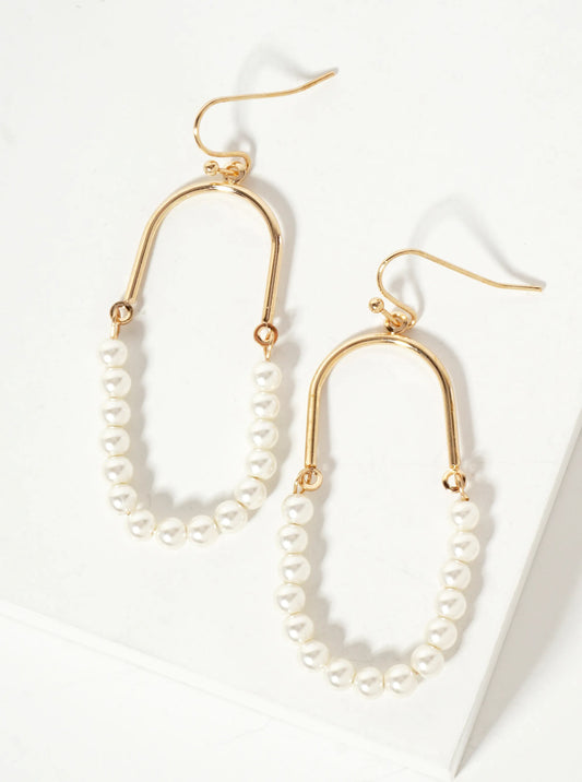 Half Pearl-Beaded Stadium-Shaped Dangle Earrings