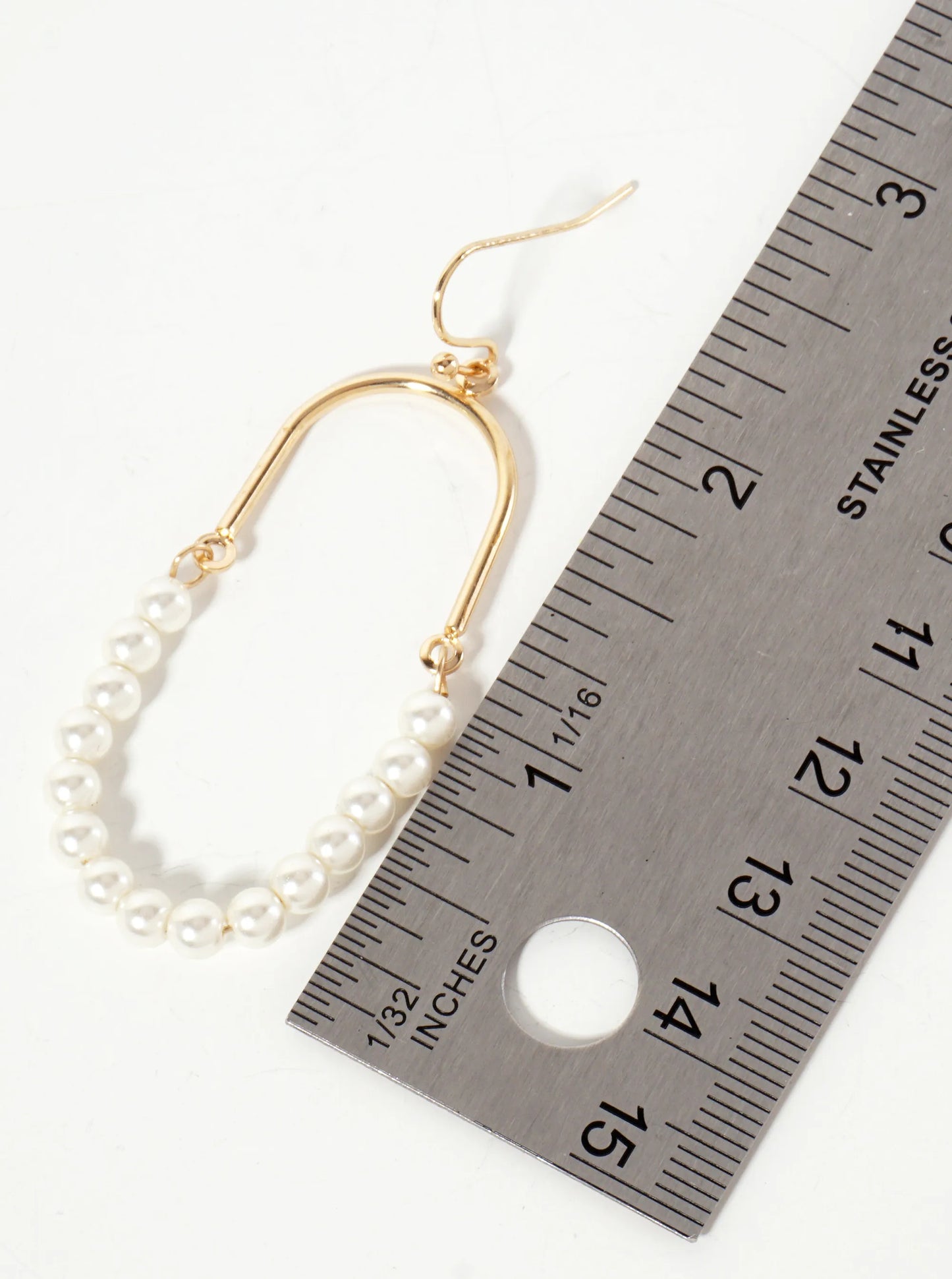 Half Pearl-Beaded Stadium-Shaped Dangle Earrings