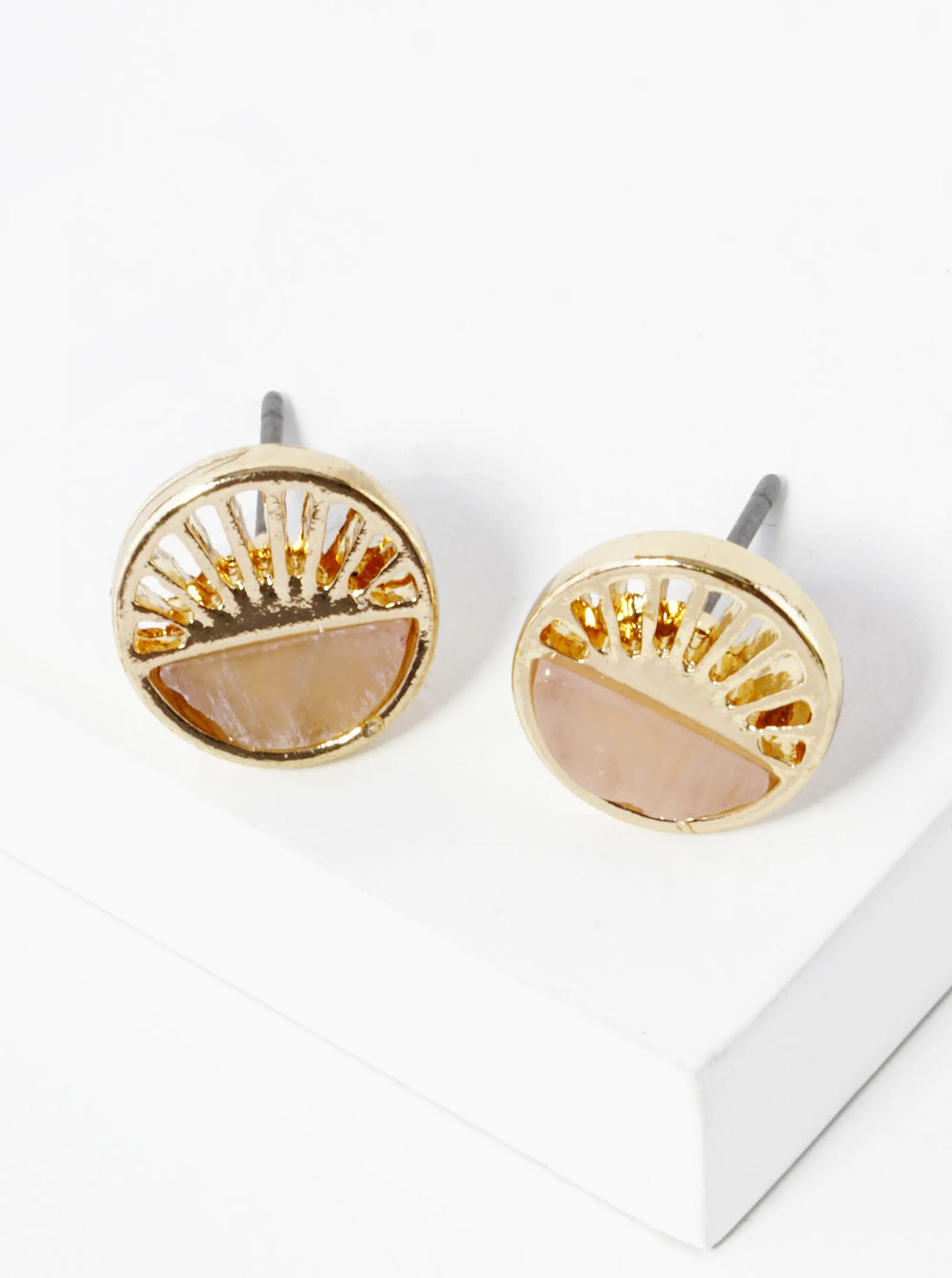 Half Semi-Precious Stone Half Filigree Round Dainty Stud Earrings