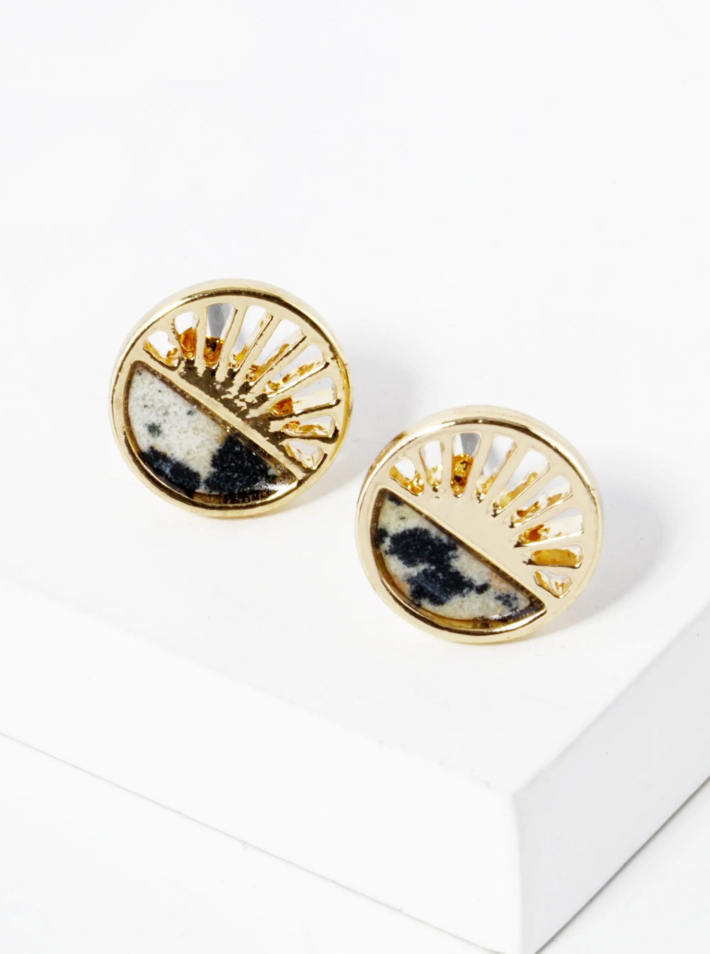 Half Semi-Precious Stone Half Filigree Round Dainty Stud Earrings