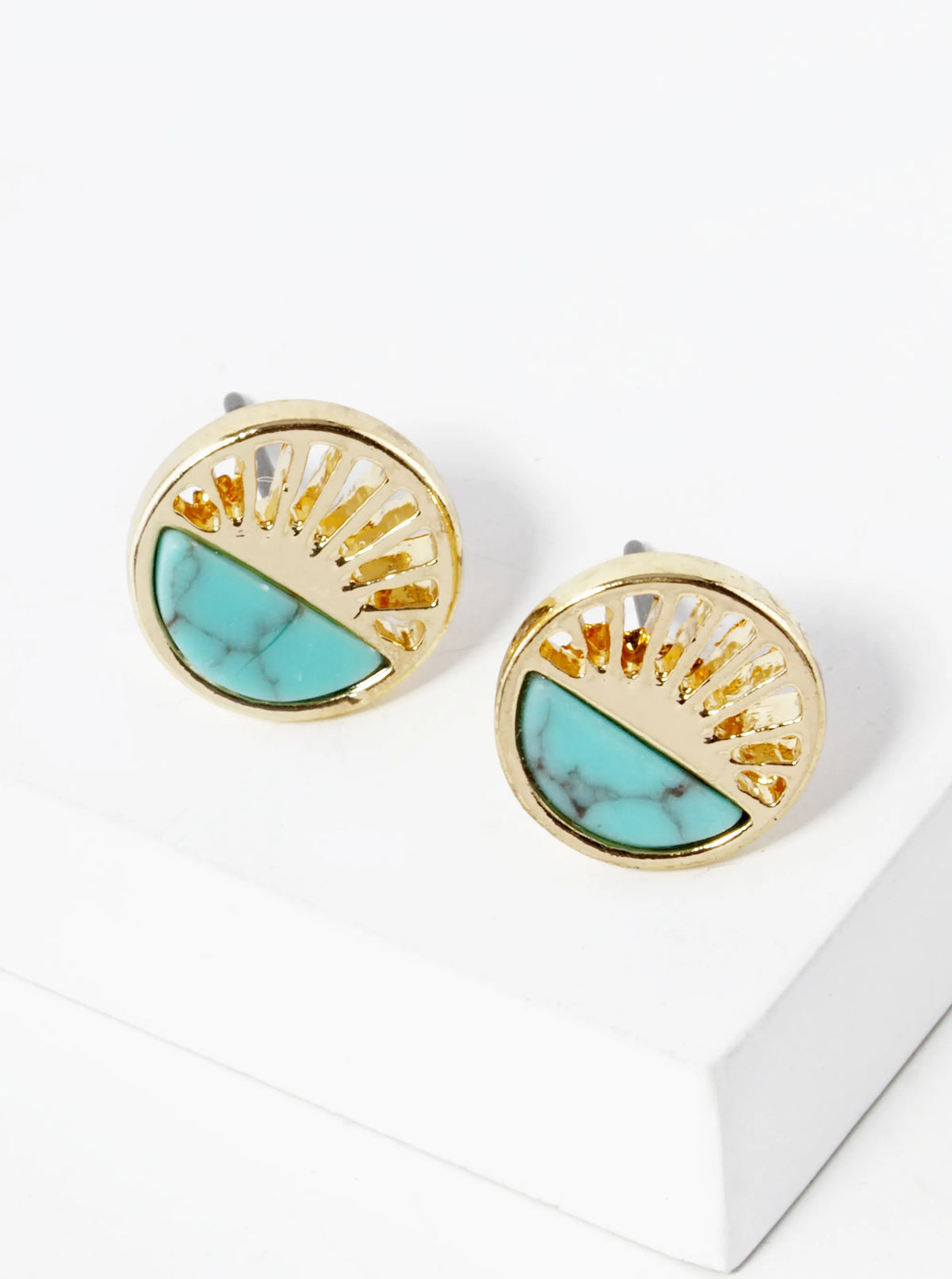 Half Semi-Precious Stone Half Filigree Round Dainty Stud Earrings