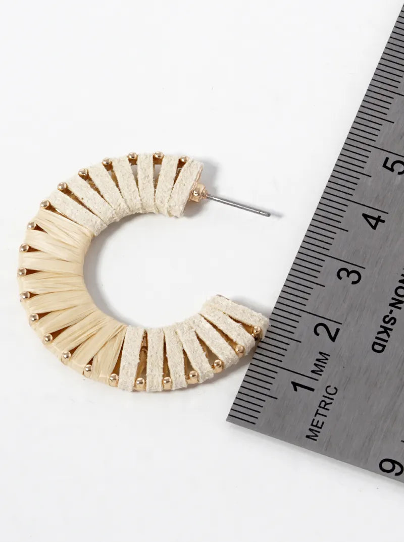 Half Suede Half Raffia Wrapped 35mm Open Hoop Earrings
