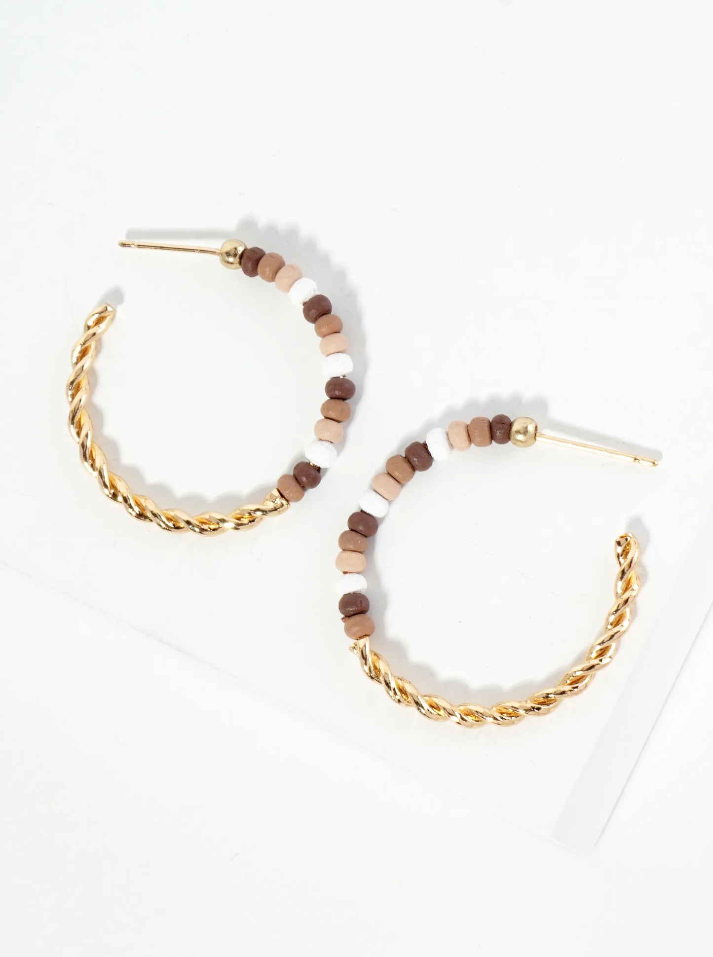 Half-Twisted Metal And Half-Wood Beads 30mm Lightweight Hoop Earrings