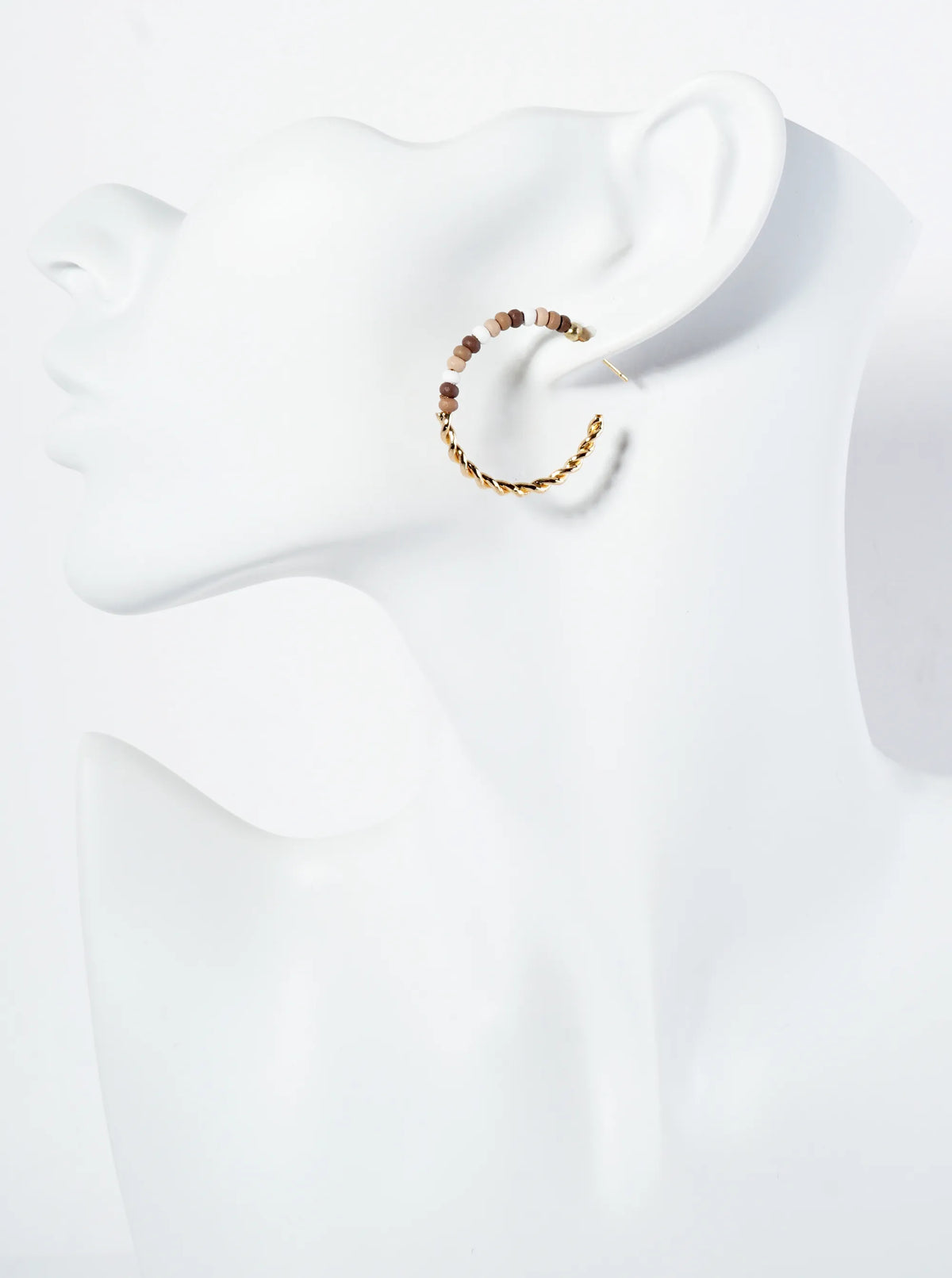 Half-Twisted Metal And Half-Wood Beads 30mm Lightweight Hoop Earrings