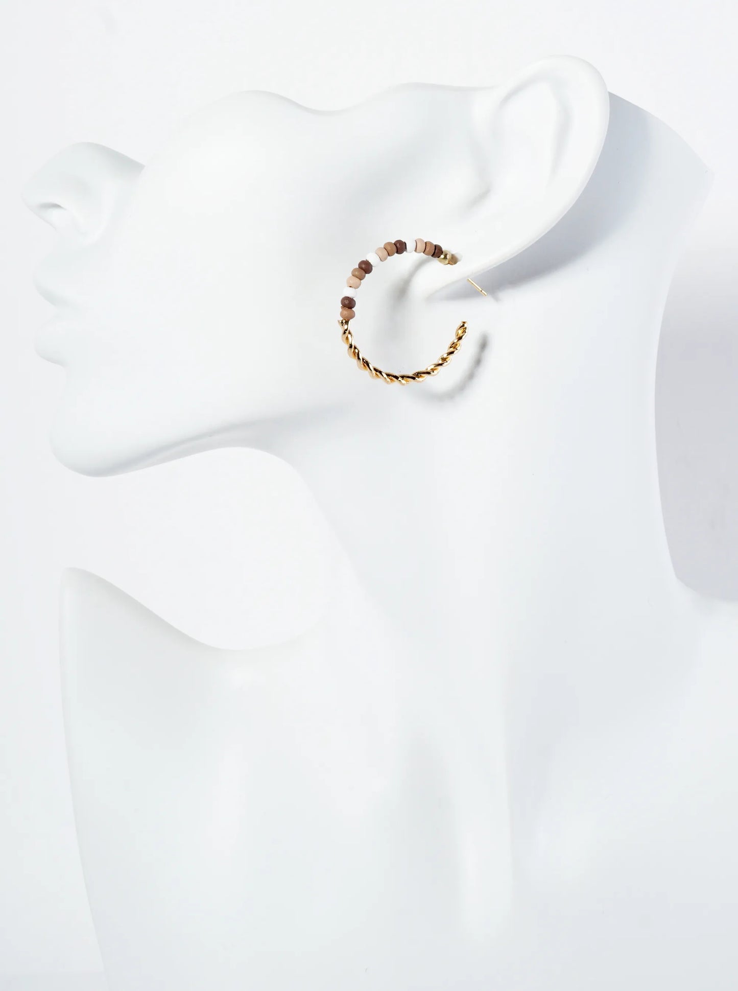 Half-Twisted Metal And Half-Wood Beads 30mm Lightweight Hoop Earrings