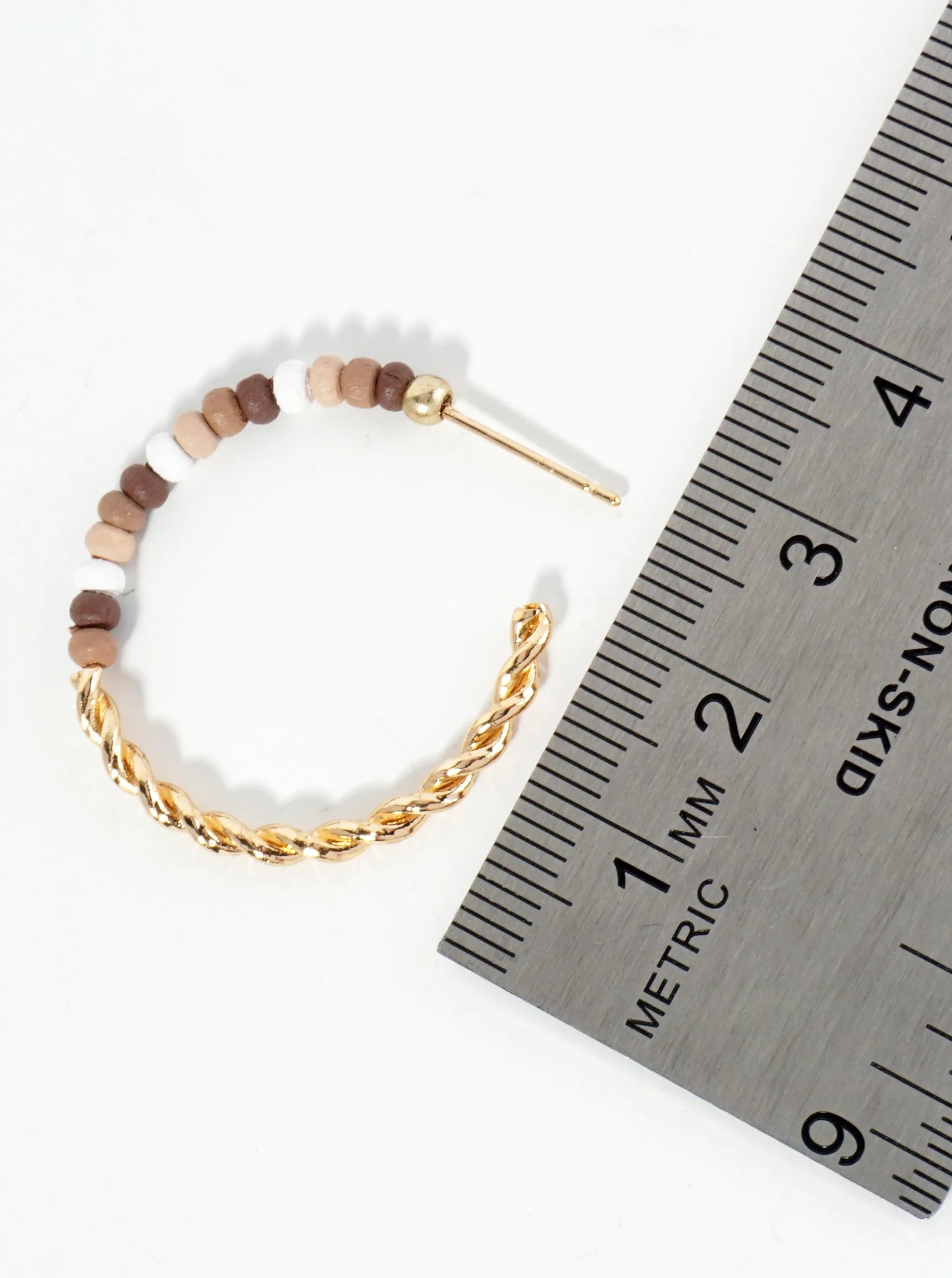 Half-Twisted Metal And Half-Wood Beads 30mm Lightweight Hoop Earrings
