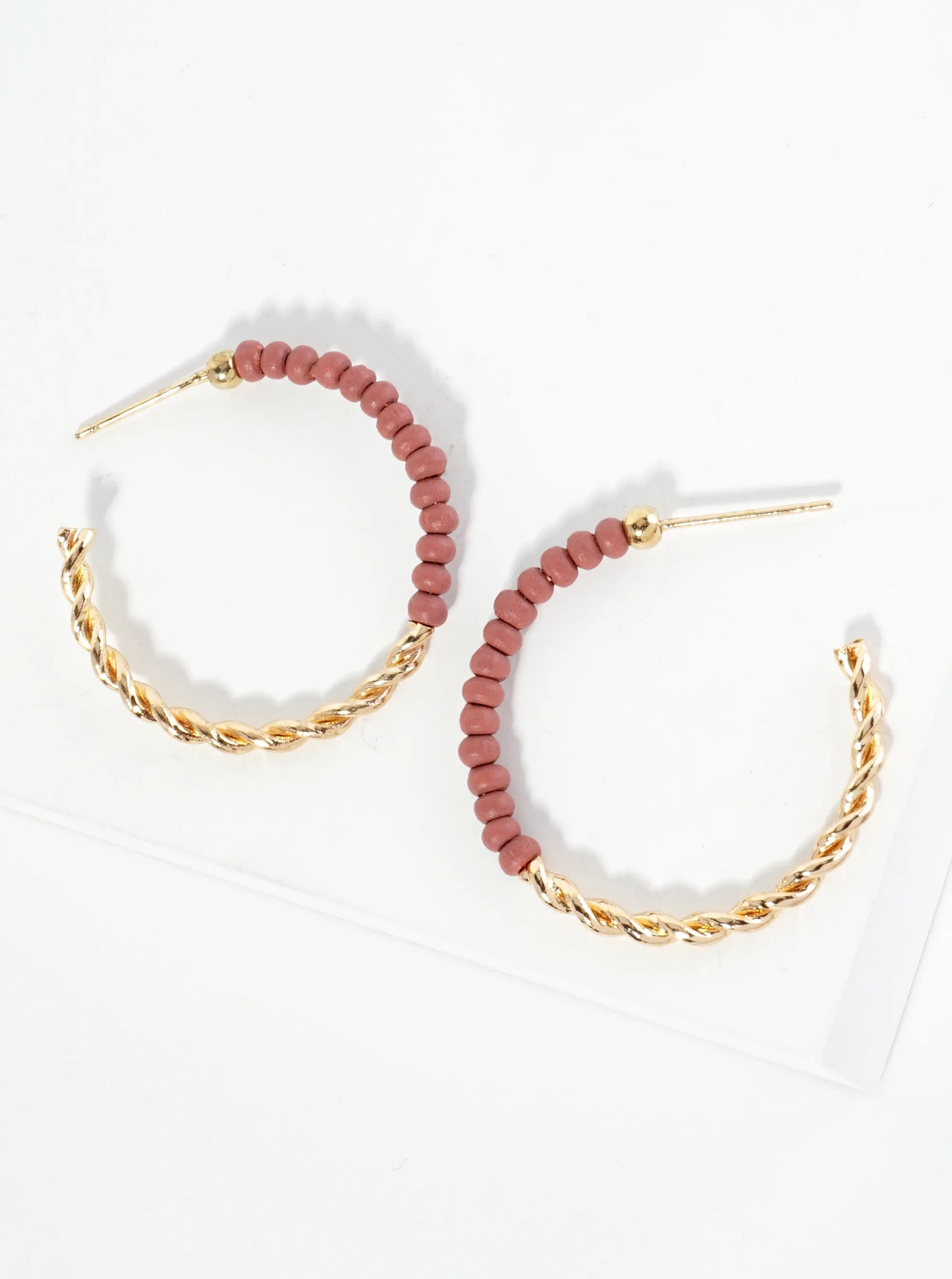 Half-Twisted Metal And Half-Wood Beads 30mm Lightweight Hoop Earrings