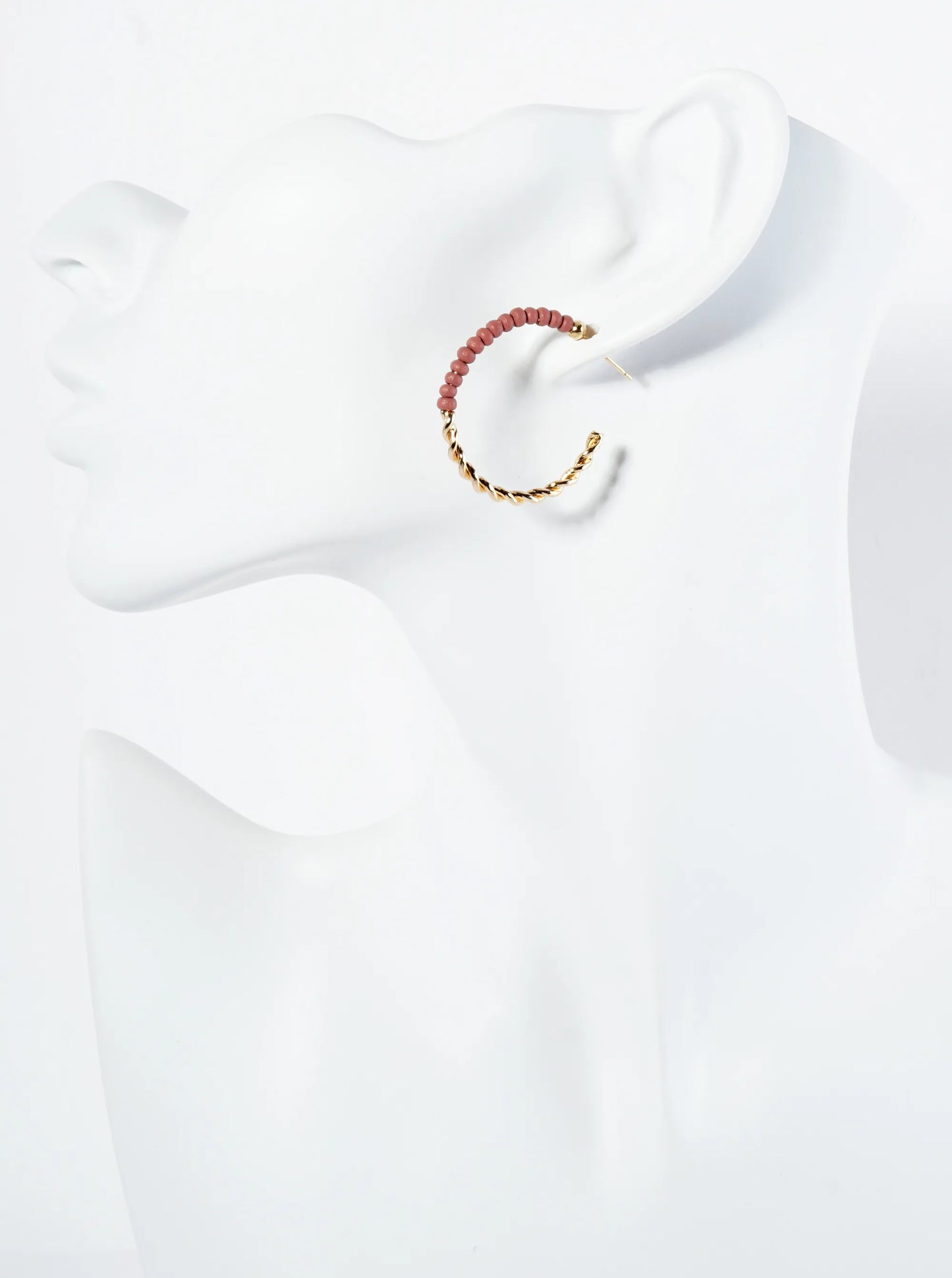 Half-Twisted Metal And Half-Wood Beads 30mm Lightweight Hoop Earrings