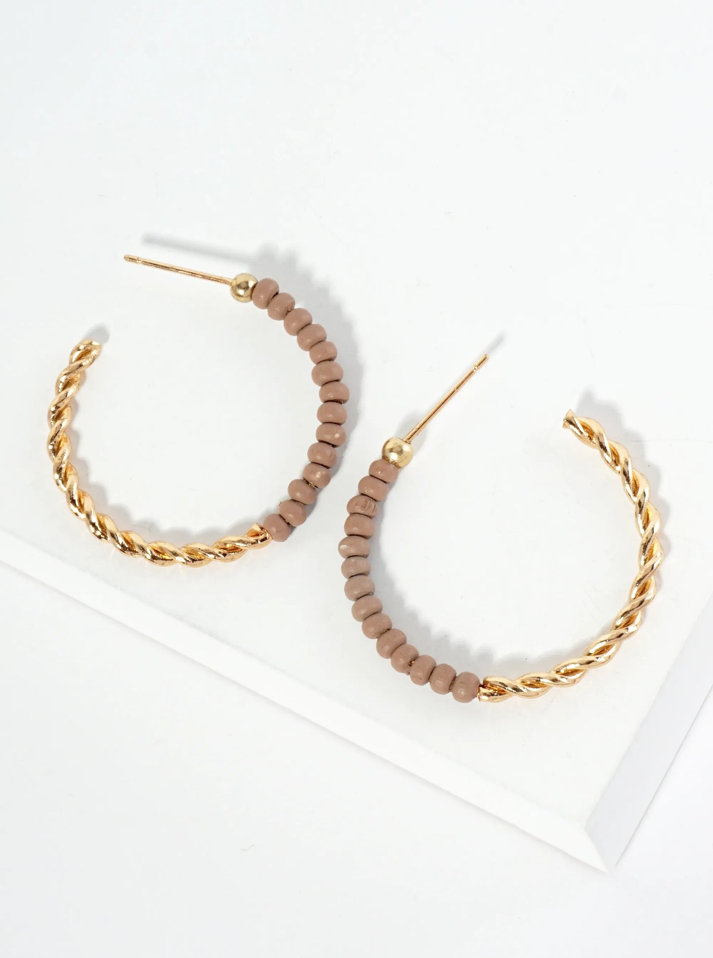 Half-Twisted Metal And Half-Wood Beads 30mm Lightweight Hoop Earrings