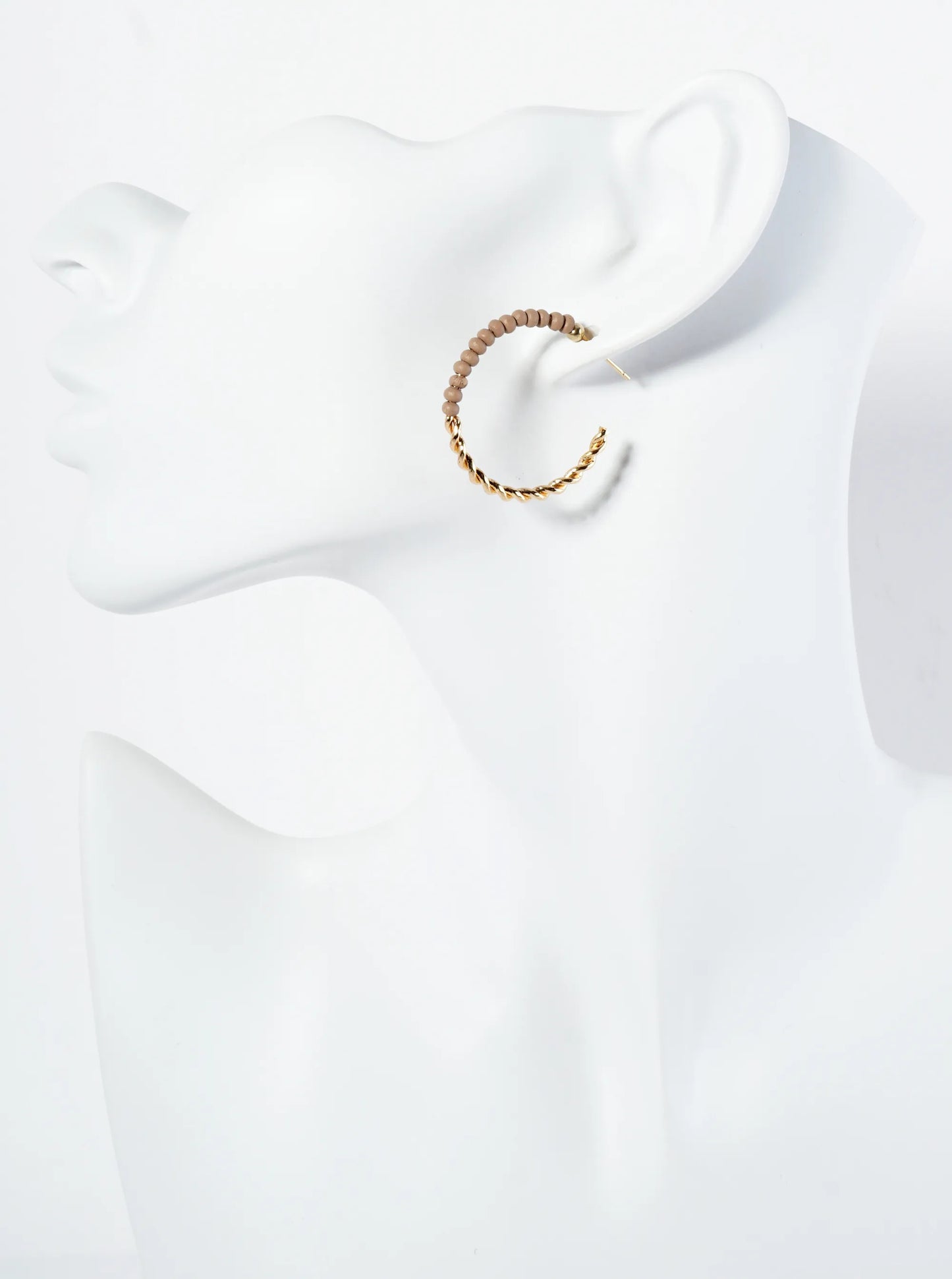Half-Twisted Metal And Half-Wood Beads 30mm Lightweight Hoop Earrings
