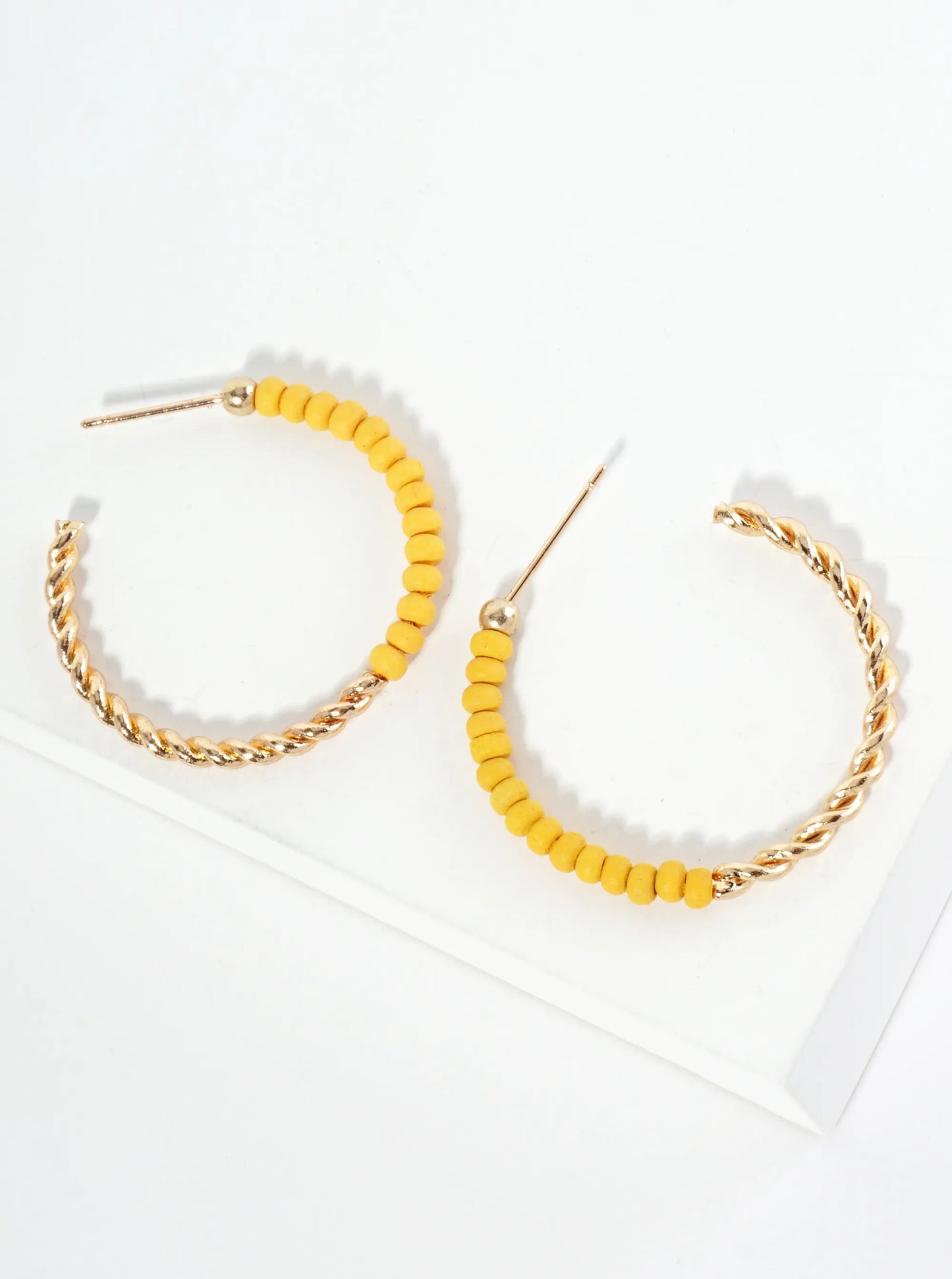 Half-Twisted Metal And Half-Wood Beads 30mm Lightweight Hoop Earrings