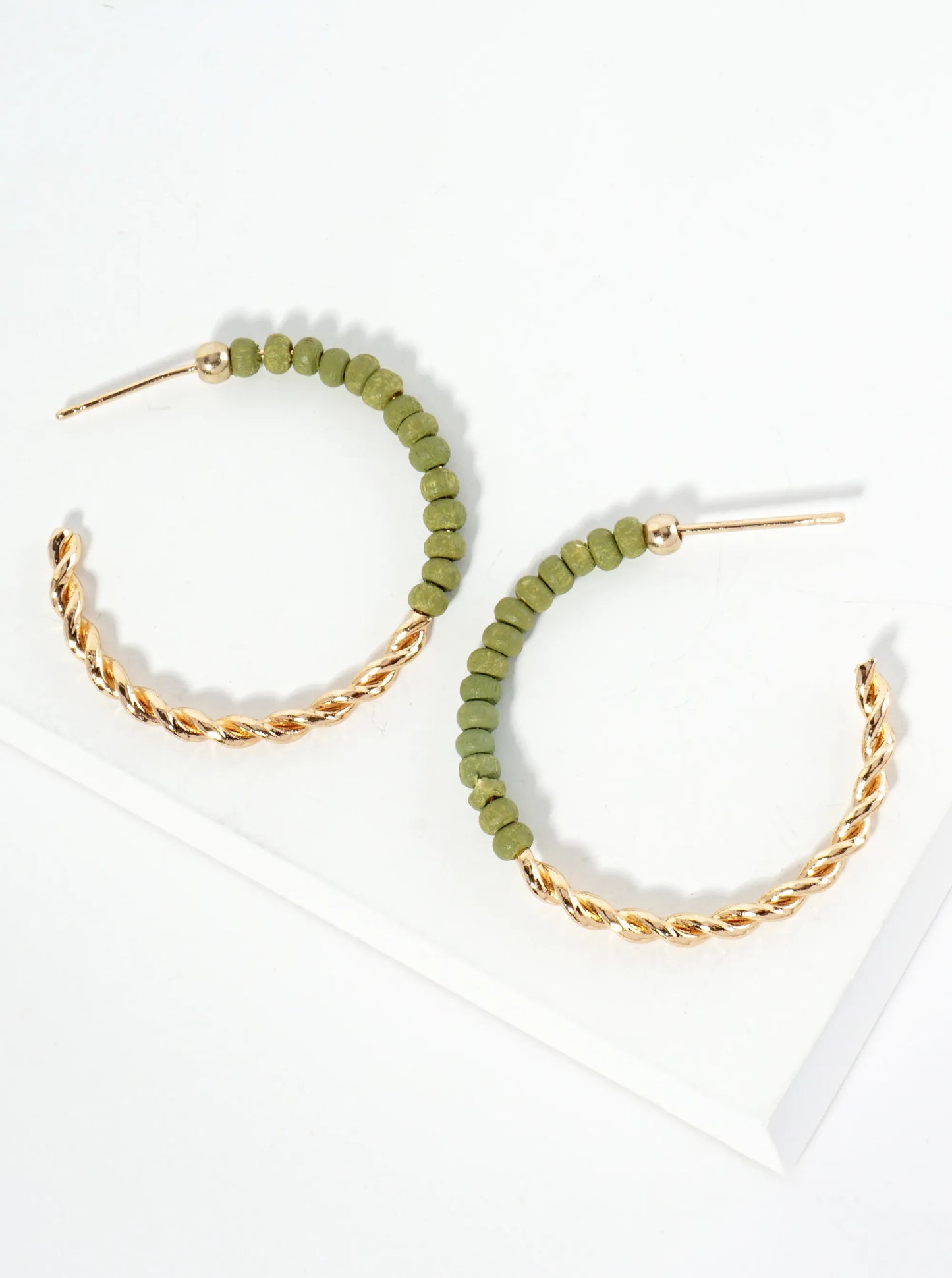 Half-Twisted Metal And Half-Wood Beads 30mm Lightweight Hoop Earrings