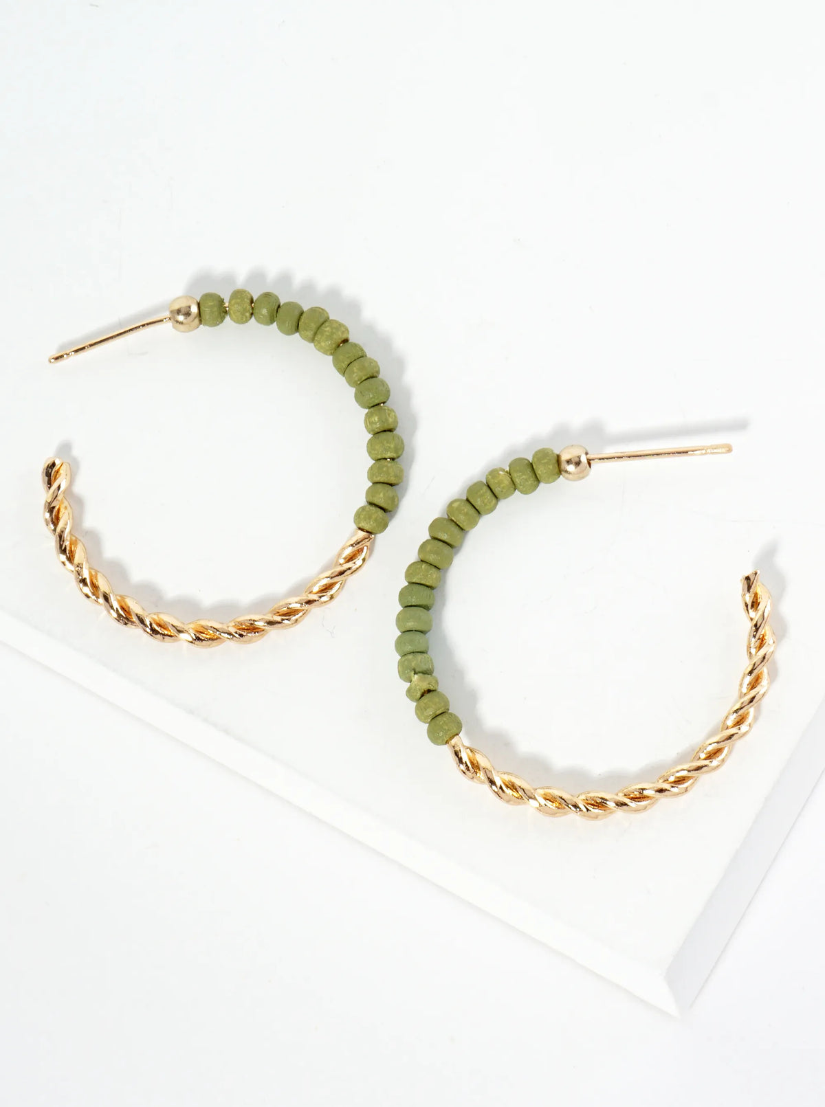 Half-Twisted Metal And Half-Wood Beads 30mm Lightweight Hoop Earrings