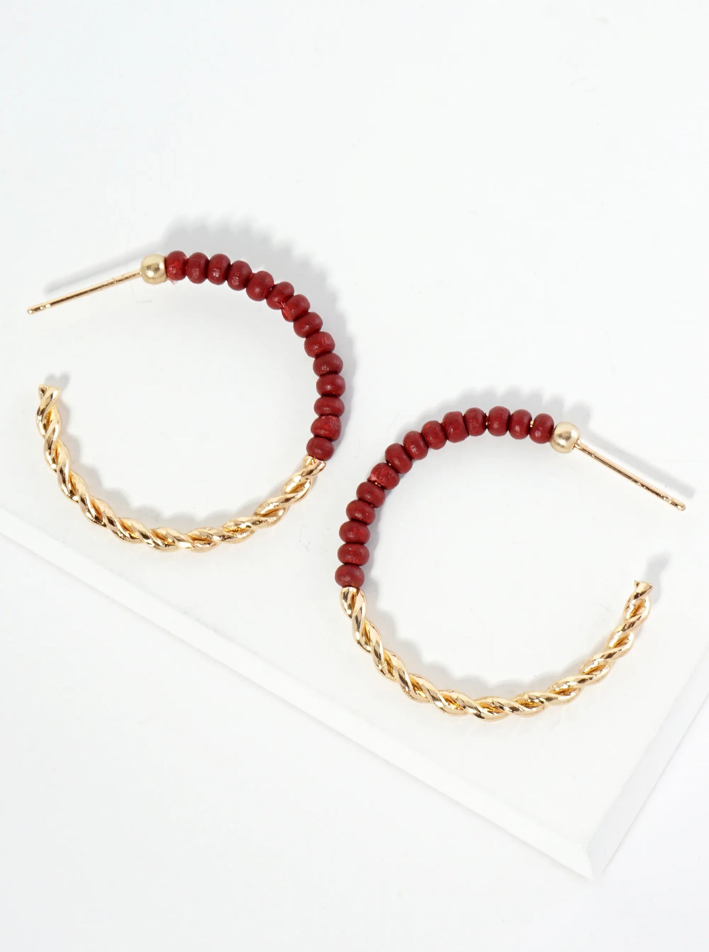 Half-Twisted Metal And Half-Wood Beads 30mm Lightweight Hoop Earrings