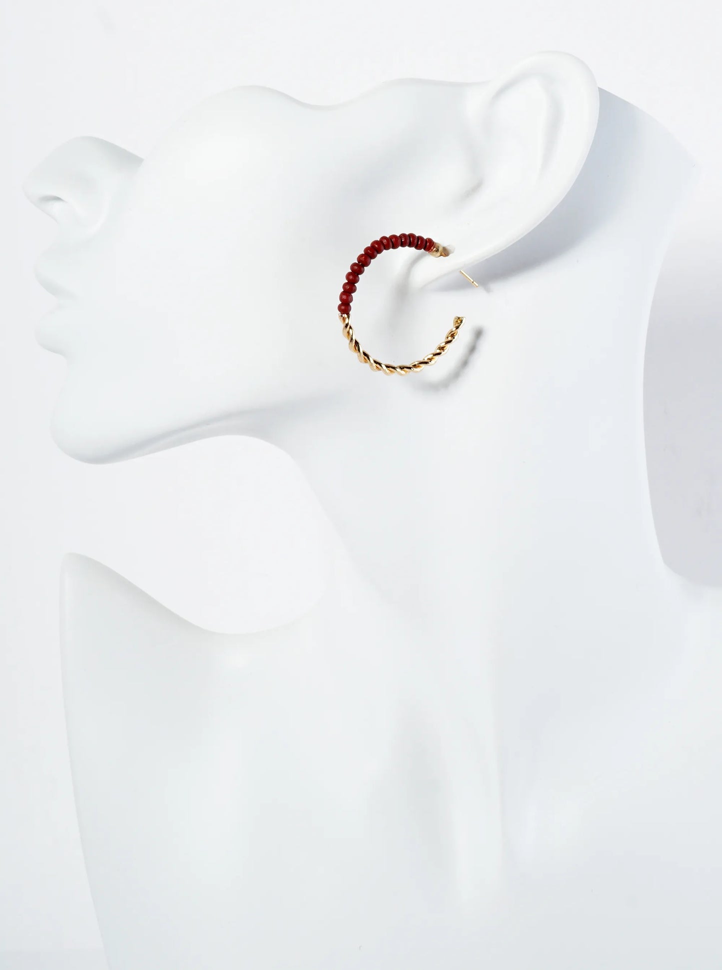 Half-Twisted Metal And Half-Wood Beads 30mm Lightweight Hoop Earrings